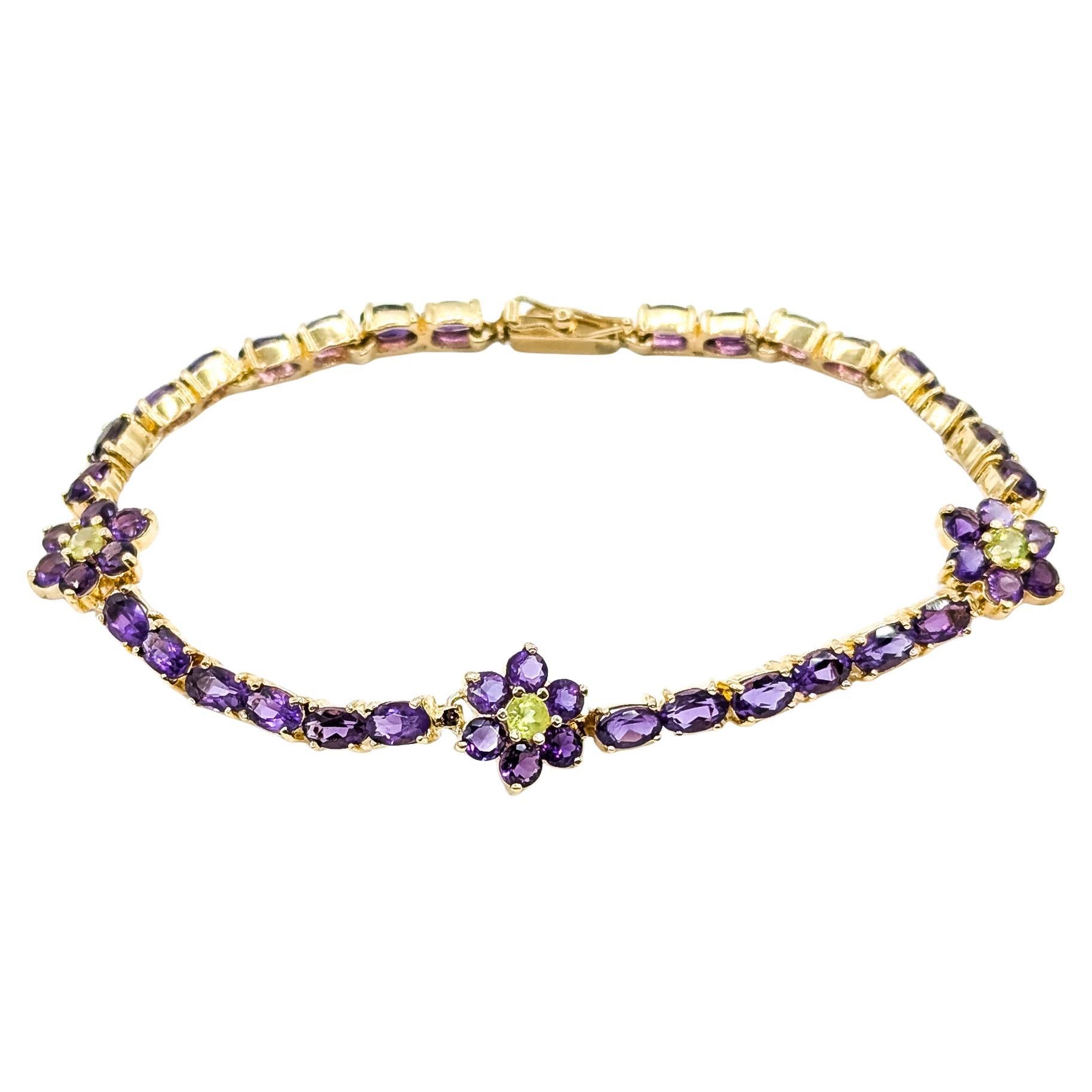 Bracelet floral en améthyste et péridot en 14k