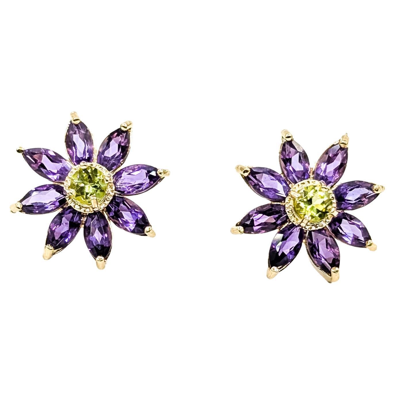 Orecchini floreali con ametista e peridoto in 14k in vendita