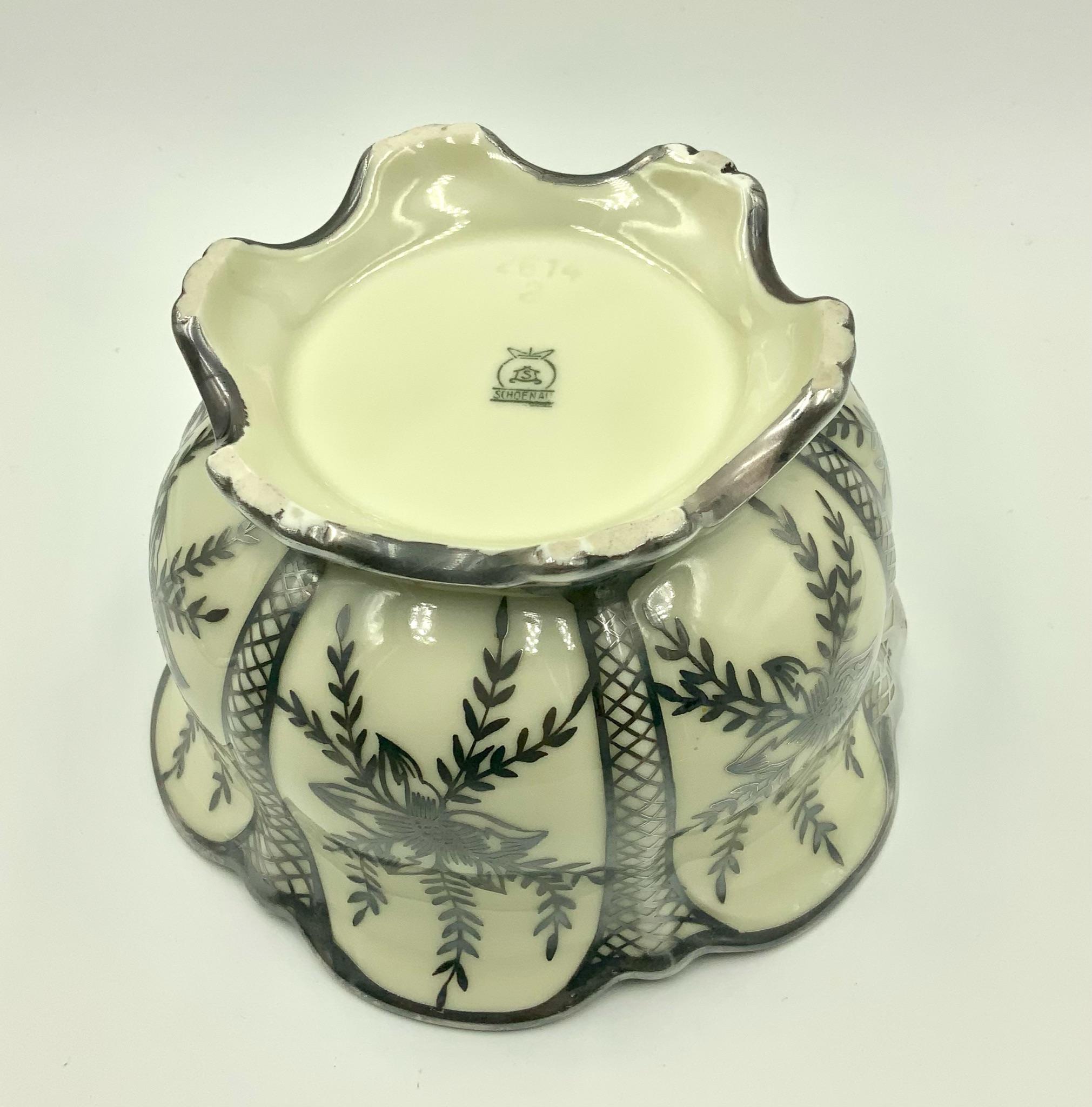 Floral and Basket Weave Sterling Off White Porcelain Covered Candy Bowl Box Jar In Good Condition In Miami Beach, FL