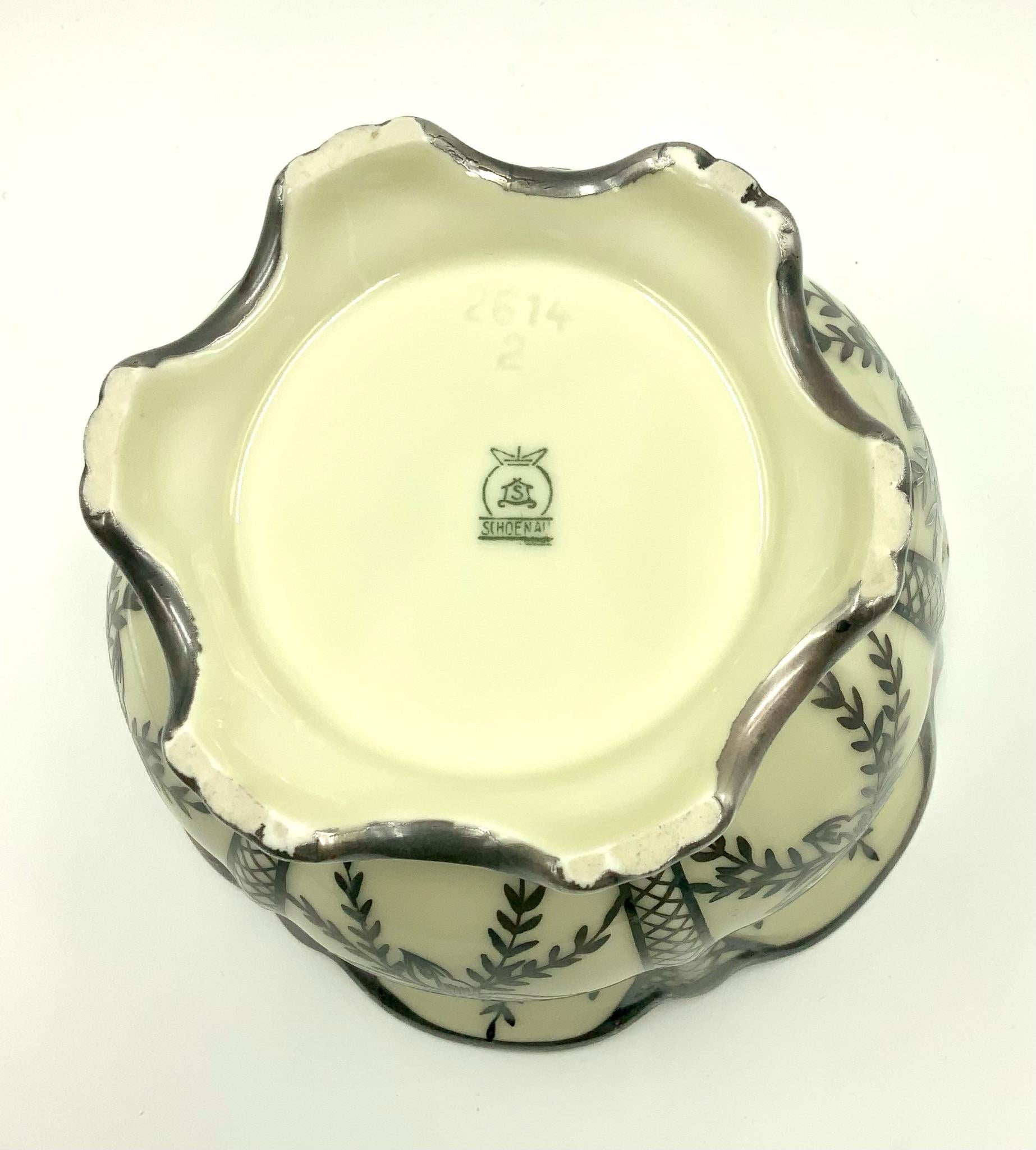 20th Century Floral and Basket Weave Sterling Off White Porcelain Covered Candy Bowl Box Jar