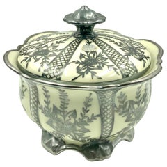 Antique Floral and Basket Weave Sterling Off White Porcelain Covered Candy Bowl Box Jar
