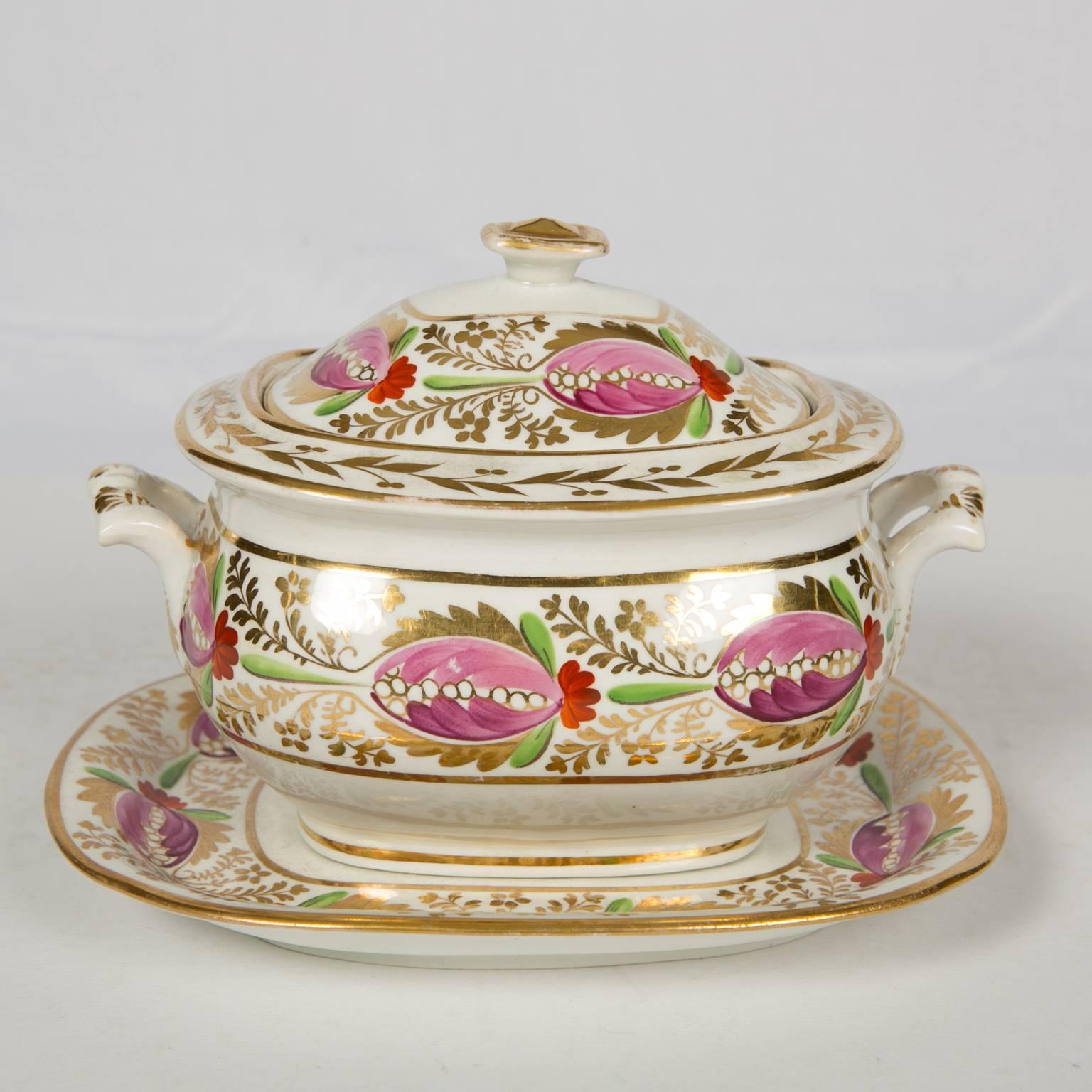 Early Victorian Floral and Gilt Covered Sugar Box and Stand Made circa 1830