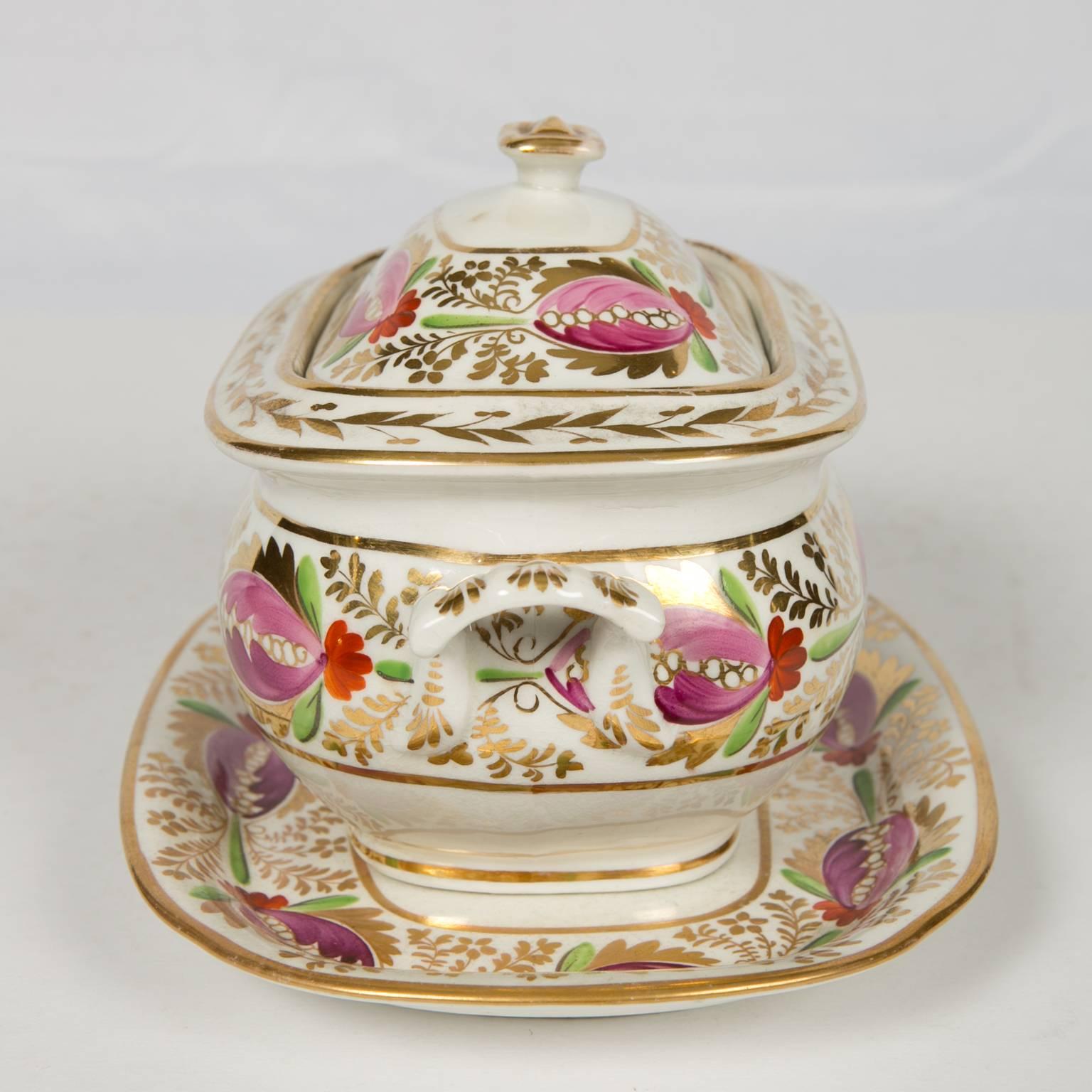 Floral and Gilt Covered Sugar Box and Stand Made circa 1830 In Excellent Condition In Katonah, NY