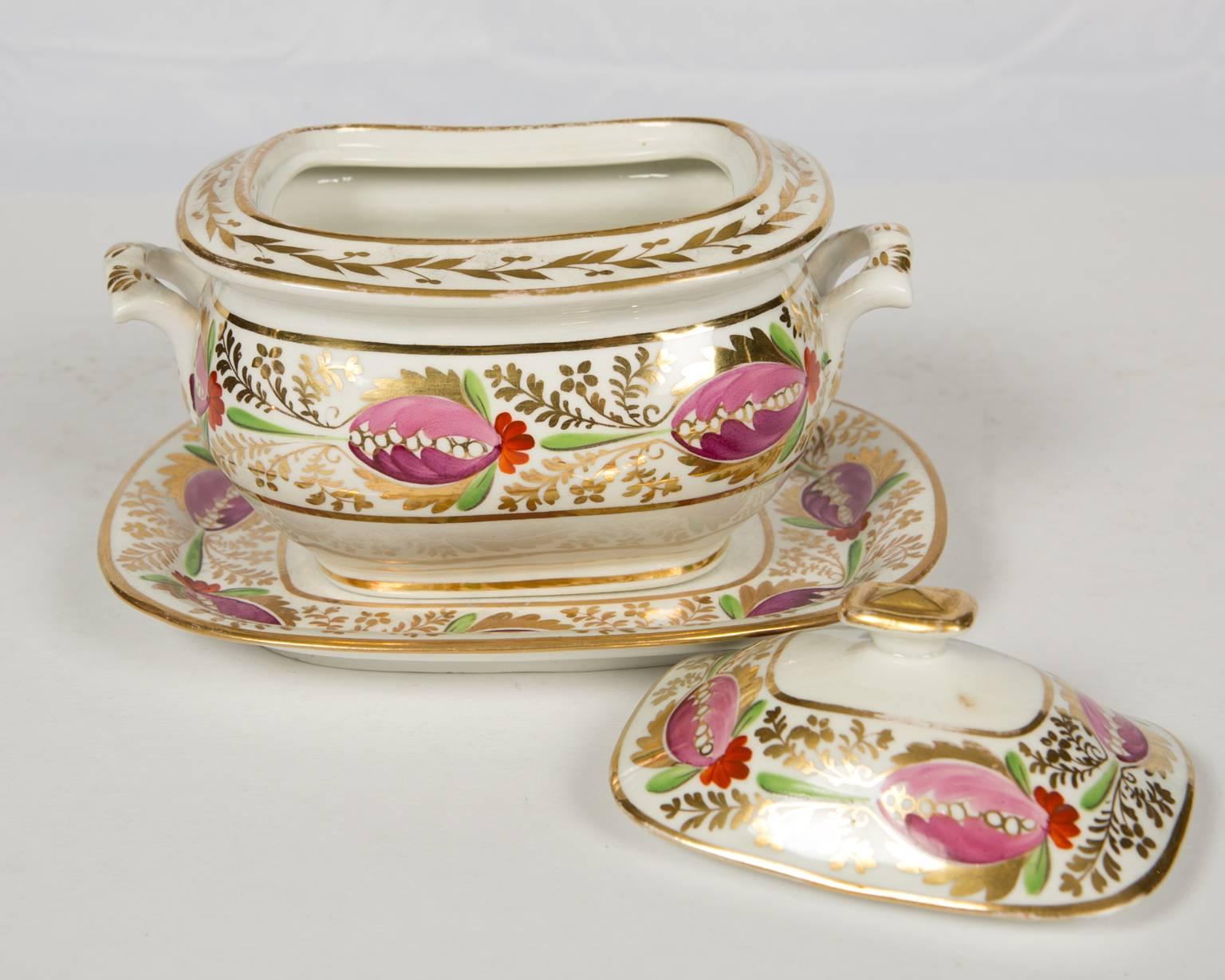 Mid-19th Century Floral and Gilt Covered Sugar Box and Stand Made circa 1830