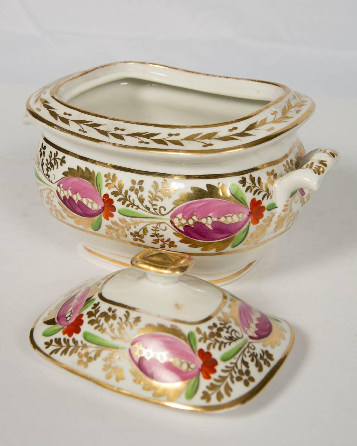 Floral and Gilt Covered Sugar Box and Stand Made circa 1830 2