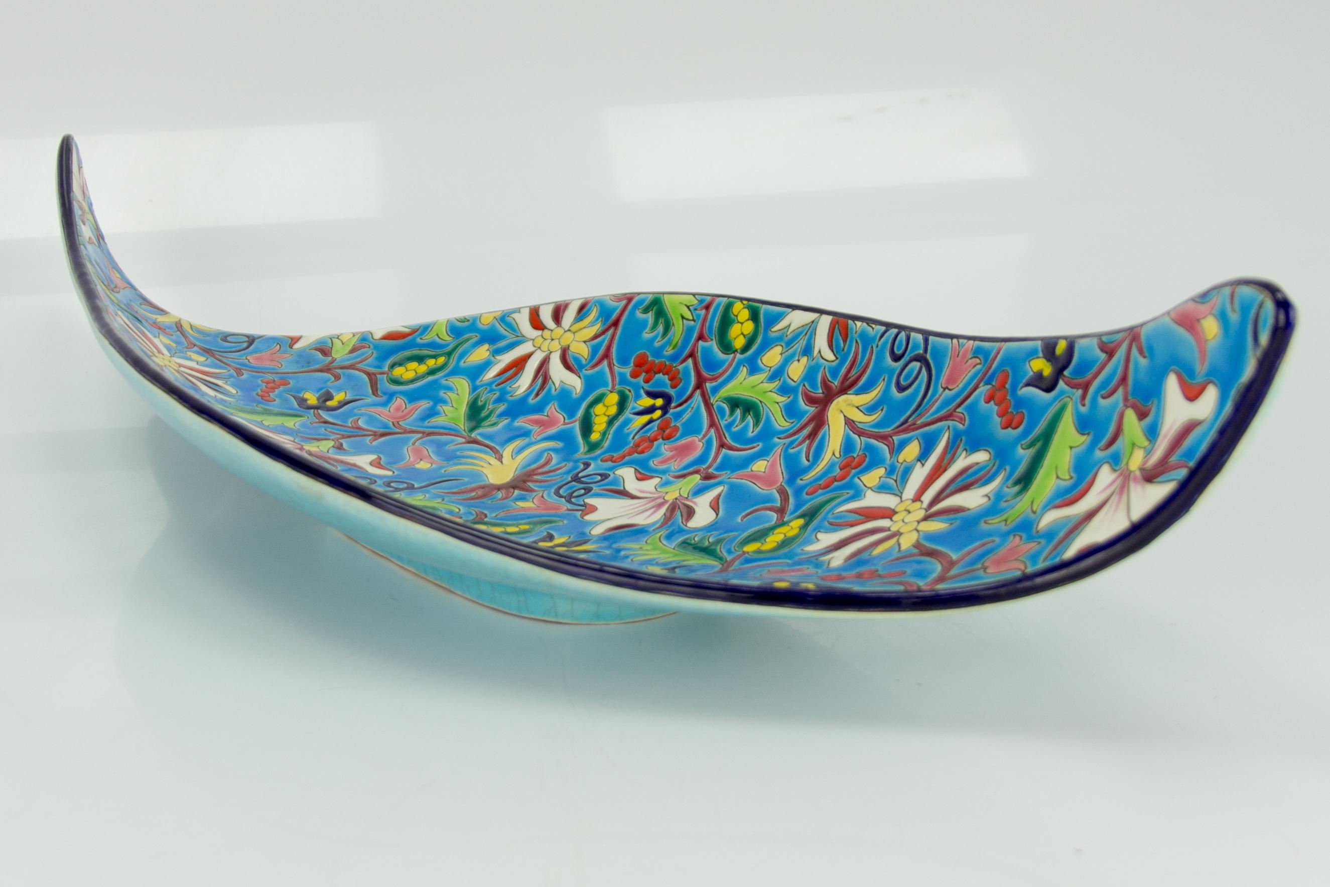 Floral and Turquoise Ceramic Fruit Platter by Manufacture of Longwy Enamels For Sale 3