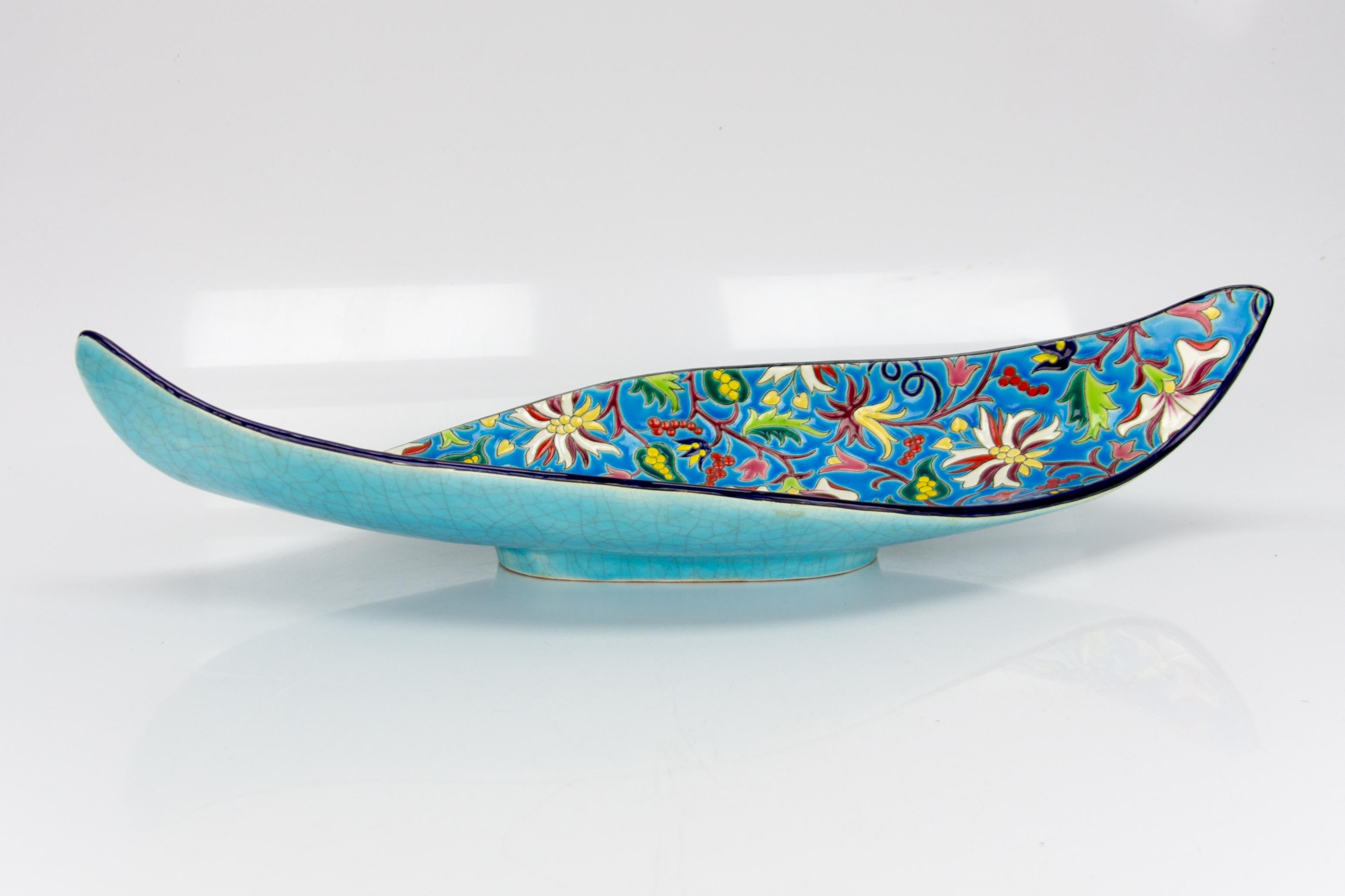 Floral and Turquoise Ceramic Fruit Platter by Manufacture of Longwy Enamels For Sale 4