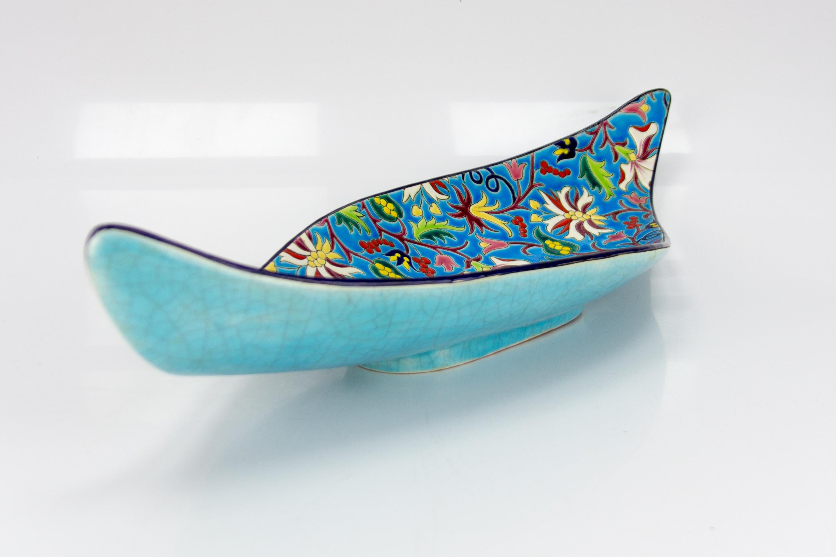 Piatto da portata in ceramica floreale e turchese di manifattura Longwy Enamels in vendita 5