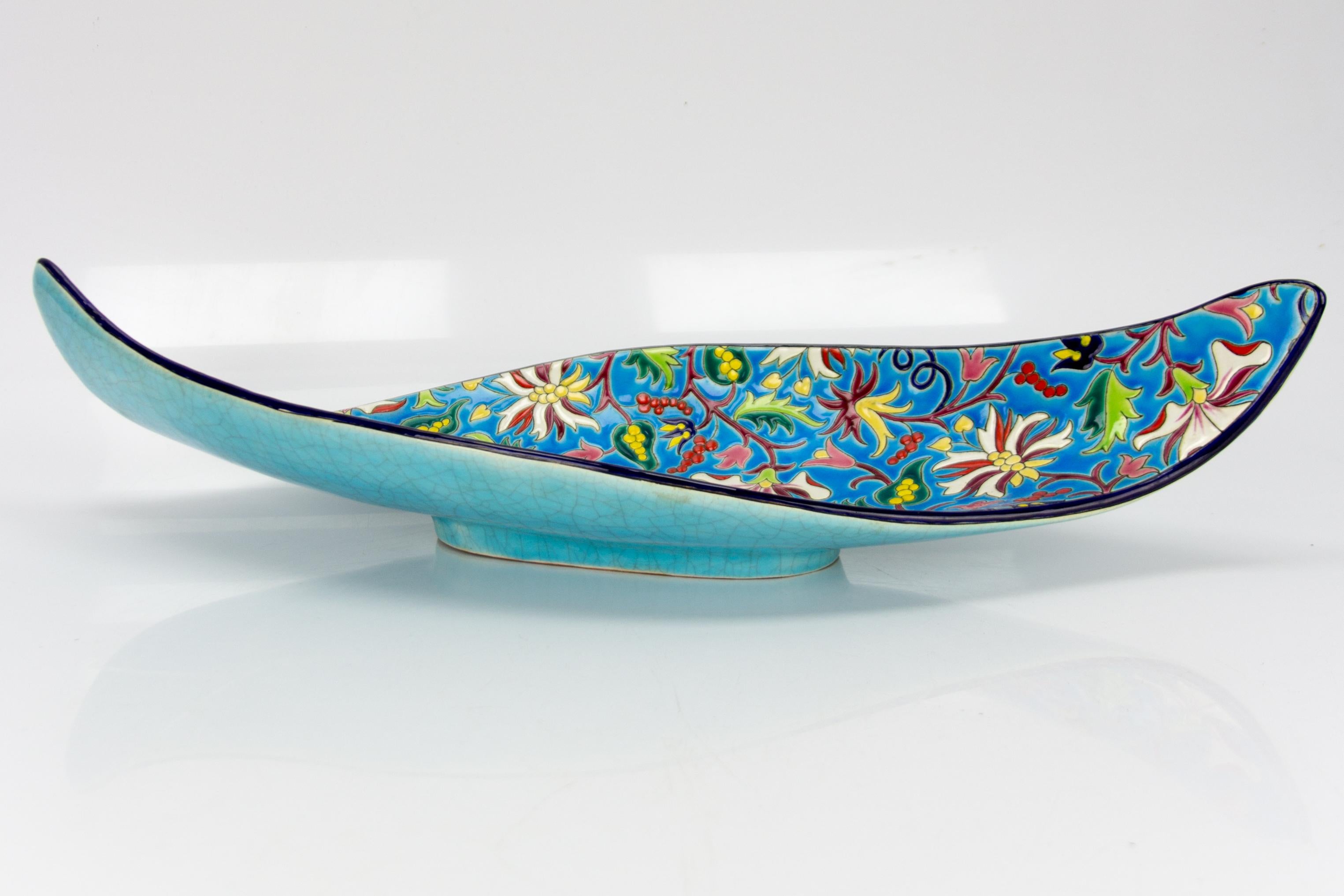 Floral and Turquoise Ceramic Fruit Platter by Manufacture of Longwy Enamels For Sale 6