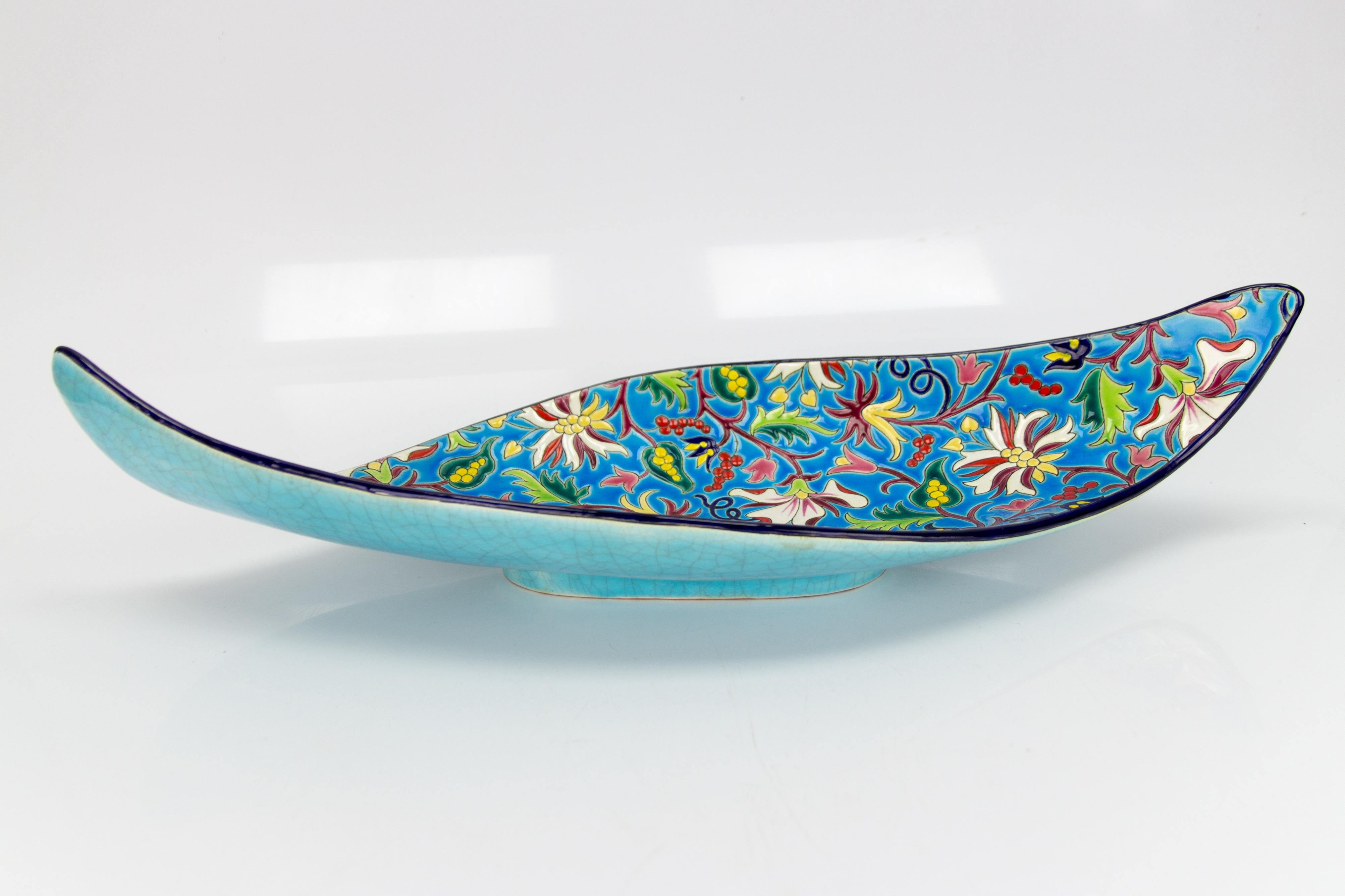 Floral and Turquoise Ceramic Fruit Platter by Manufacture of Longwy Enamels For Sale 9