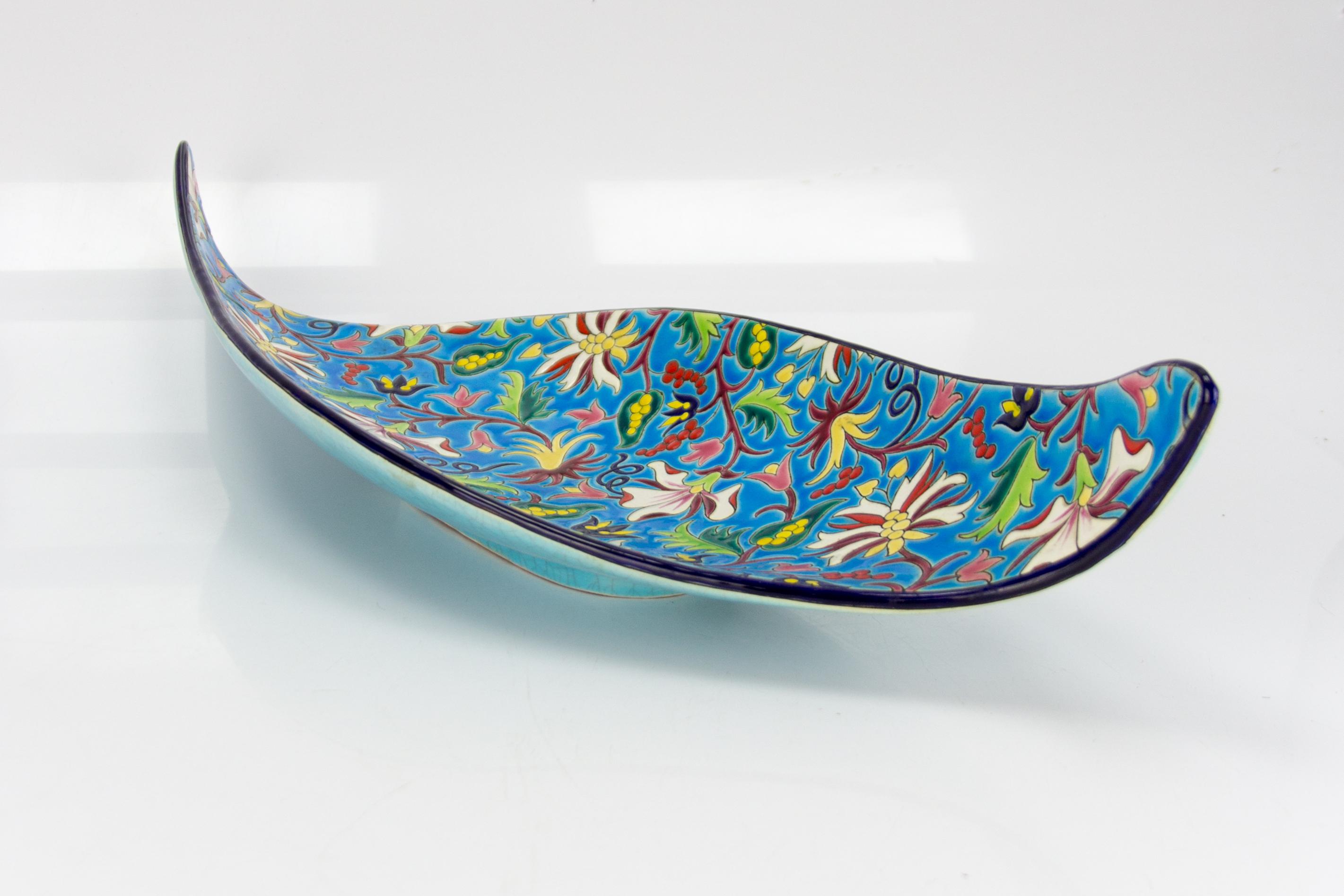 Floral and Turquoise Ceramic Fruit Platter by Manufacture of Longwy Enamels For Sale 10