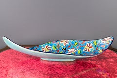 Floral and Turquoise Ceramic Fruit Platter by Manufacture of Longwy Enamels