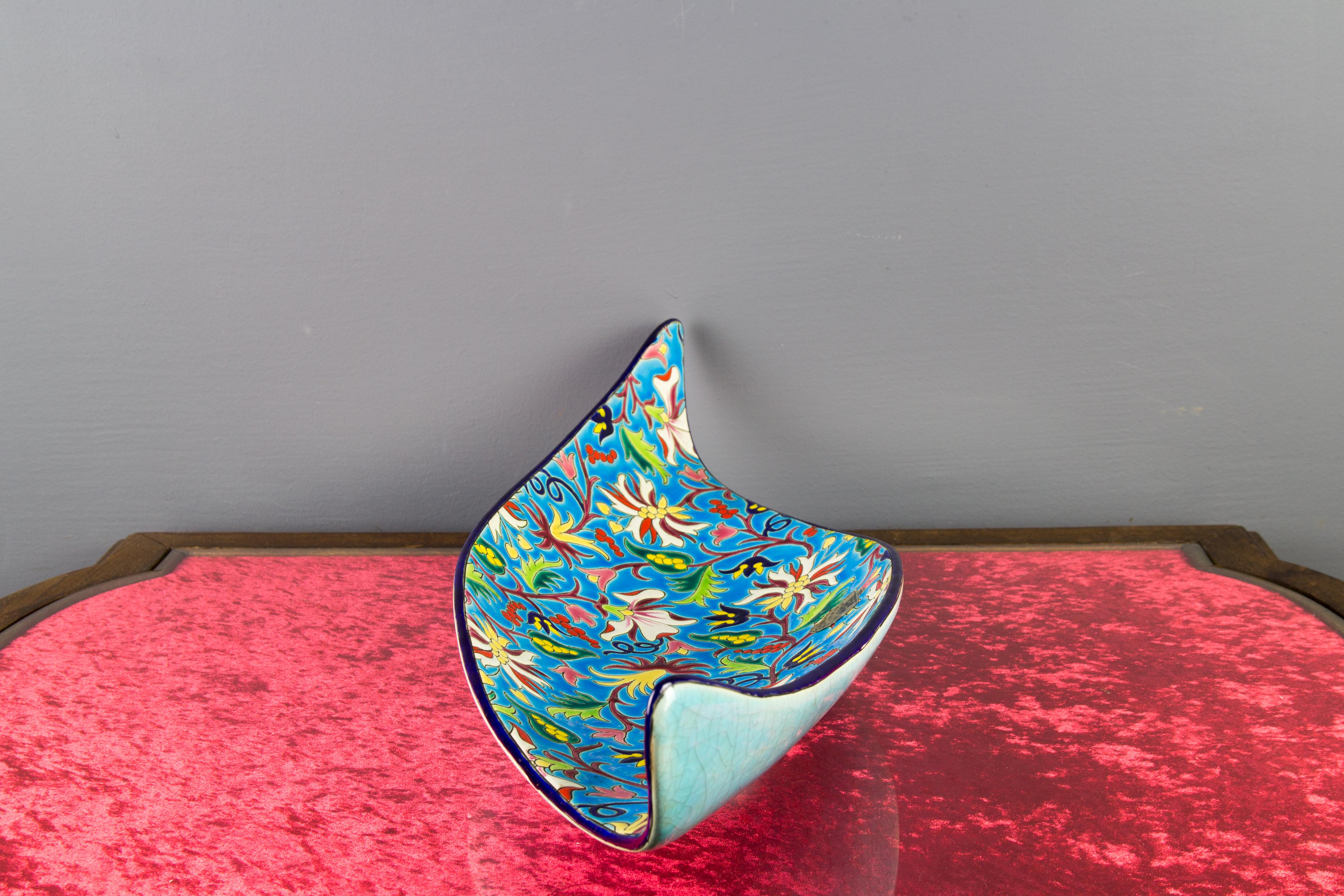 Art Deco Floral and Turquoise Ceramic Fruit Platter by Manufacture of Longwy Enamels For Sale