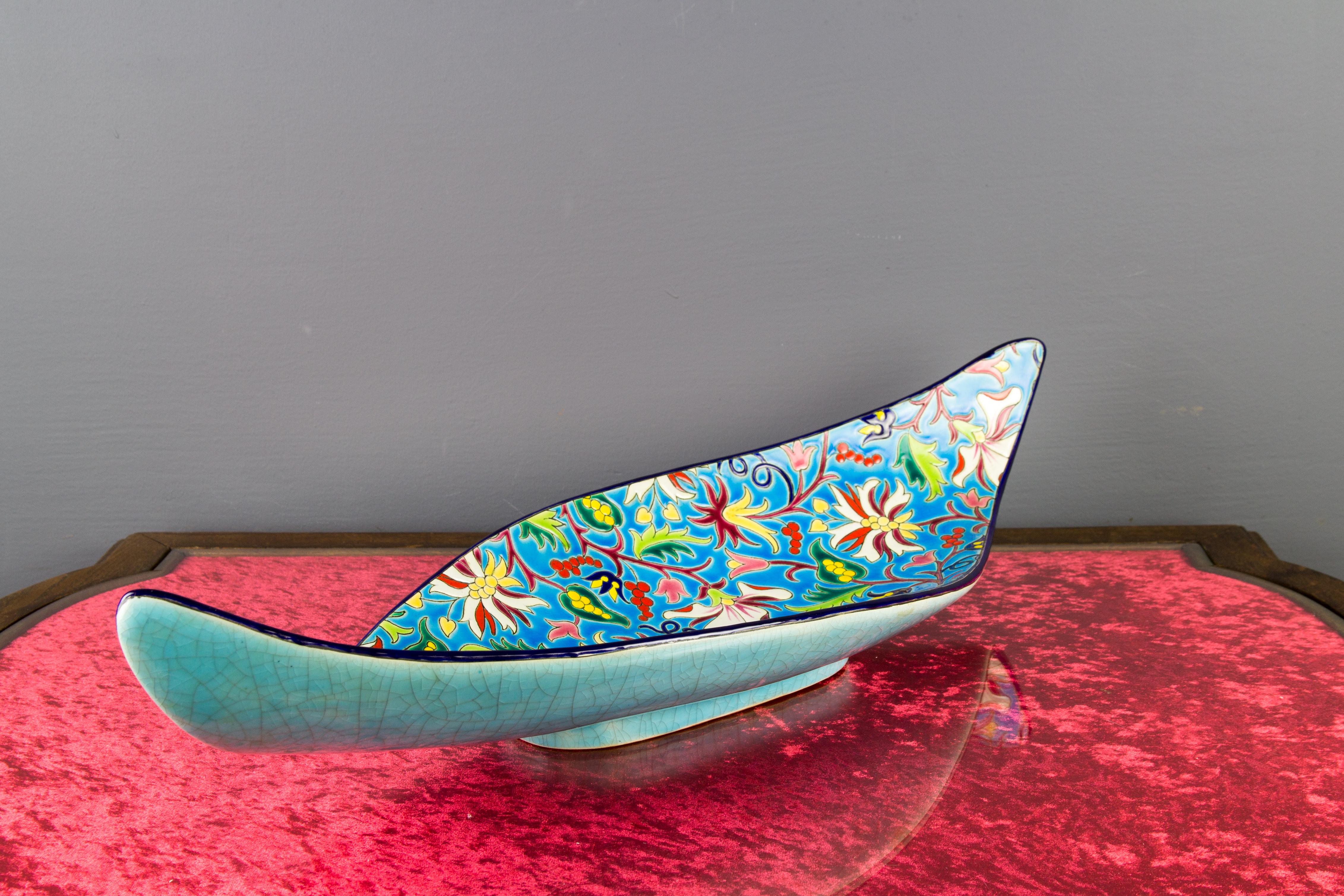 French Floral and Turquoise Ceramic Fruit Platter by Manufacture of Longwy Enamels For Sale