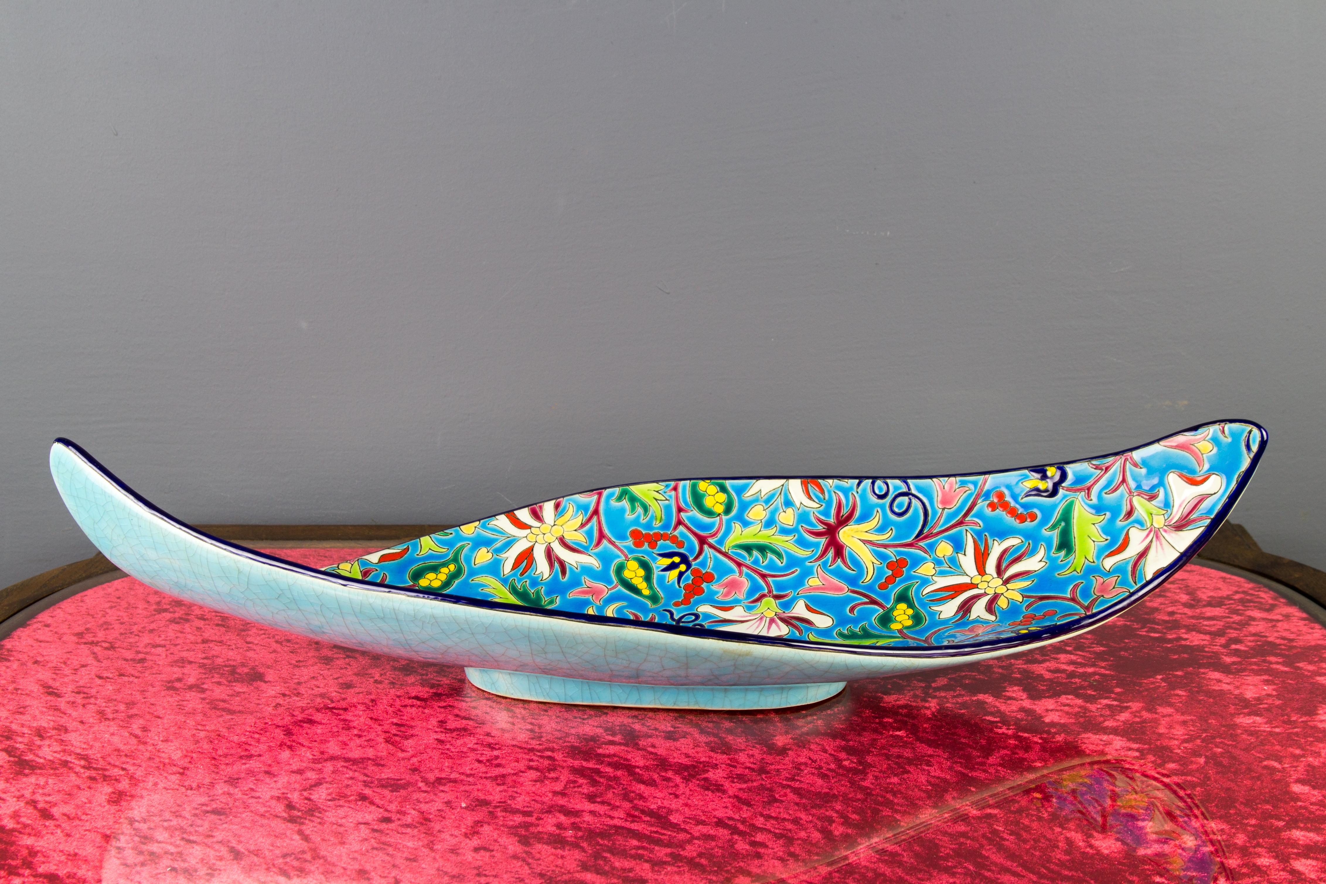 Enameled Floral and Turquoise Ceramic Fruit Platter by Manufacture of Longwy Enamels For Sale