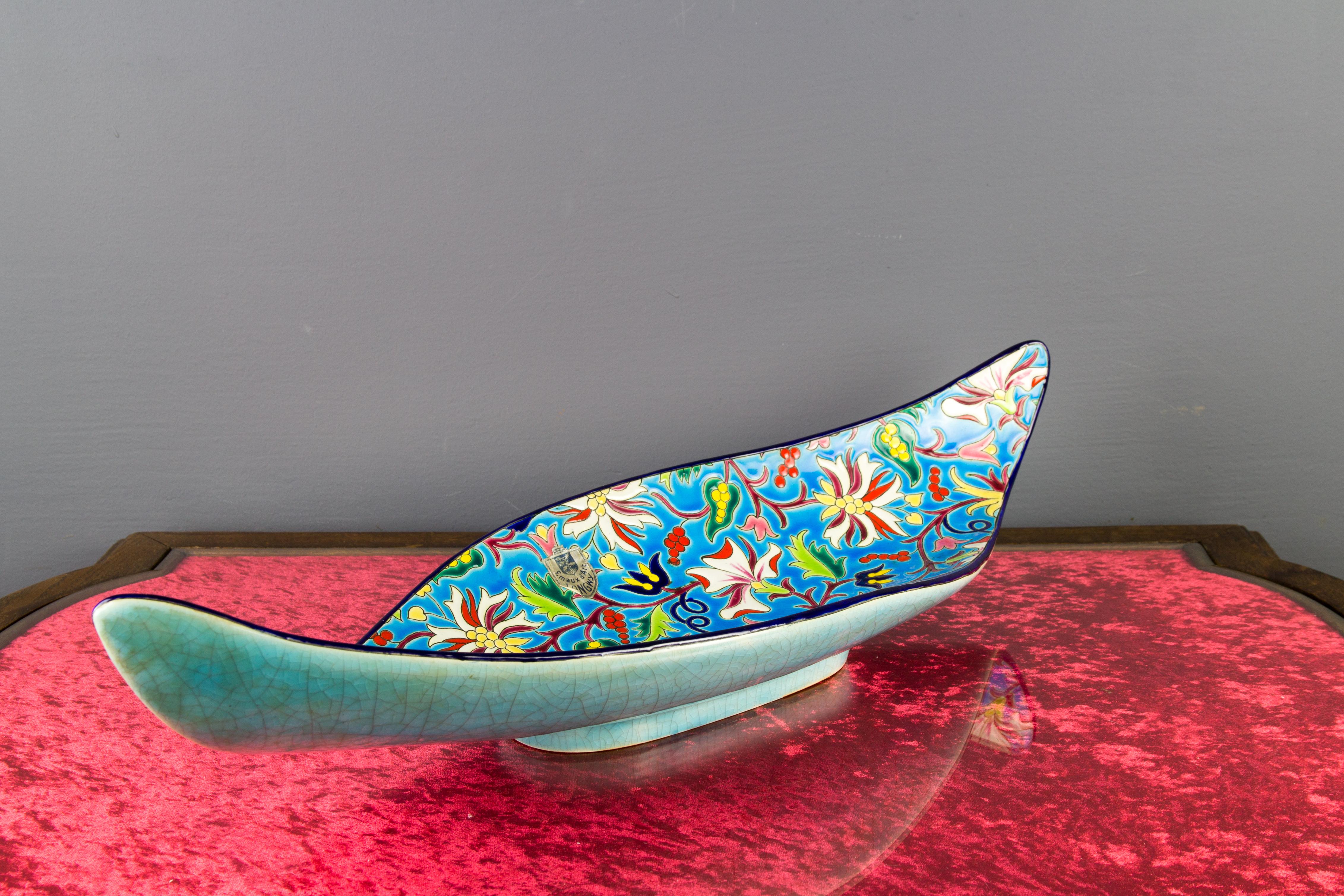 Floral and Turquoise Ceramic Fruit Platter by Manufacture of Longwy Enamels For Sale 1