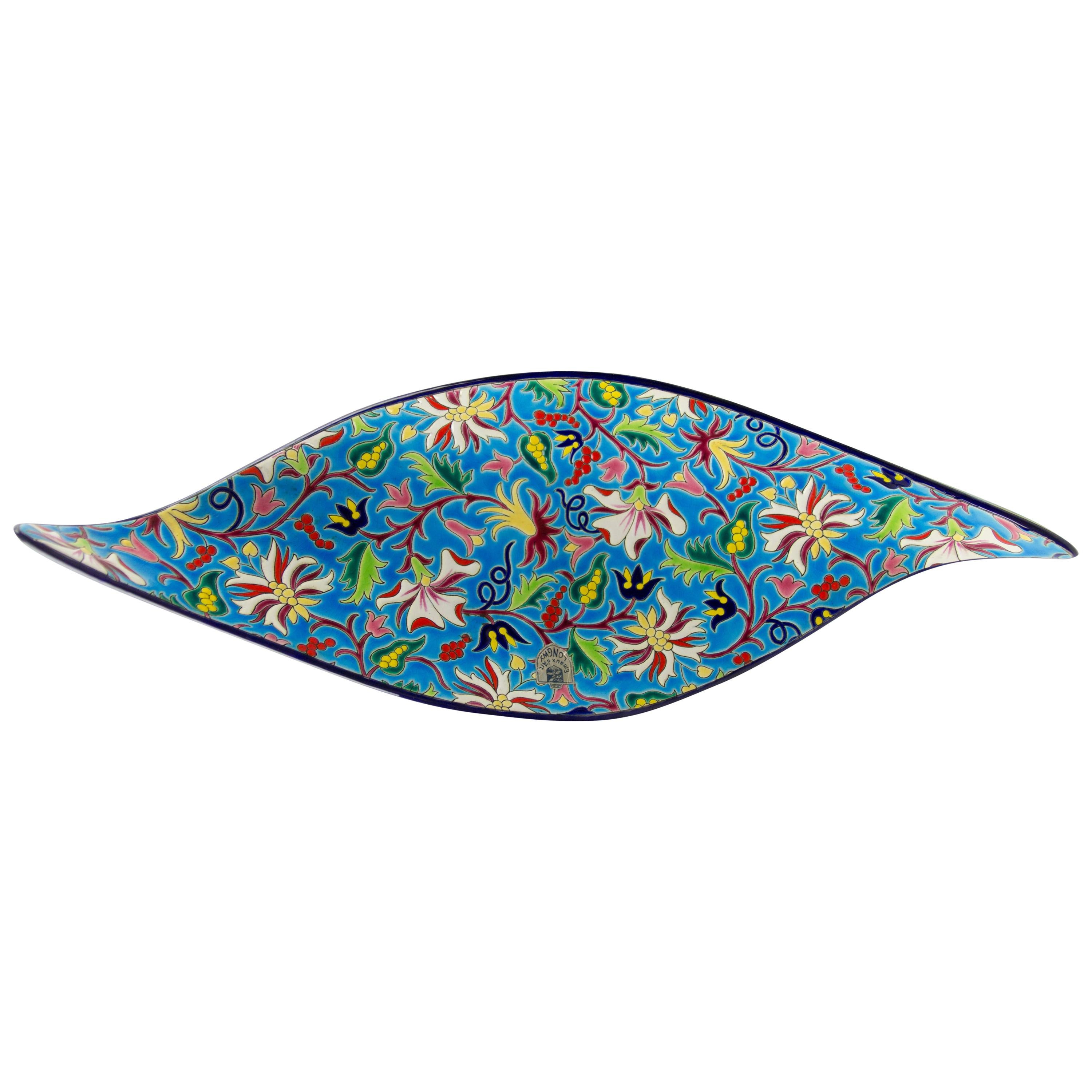 Floral and Turquoise Ceramic Fruit Platter by Manufacture of Longwy Enamels For Sale