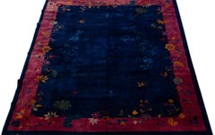 Floral Antique Chinese Art Deco Handmade Wool Rug with Navy Blue Color Field