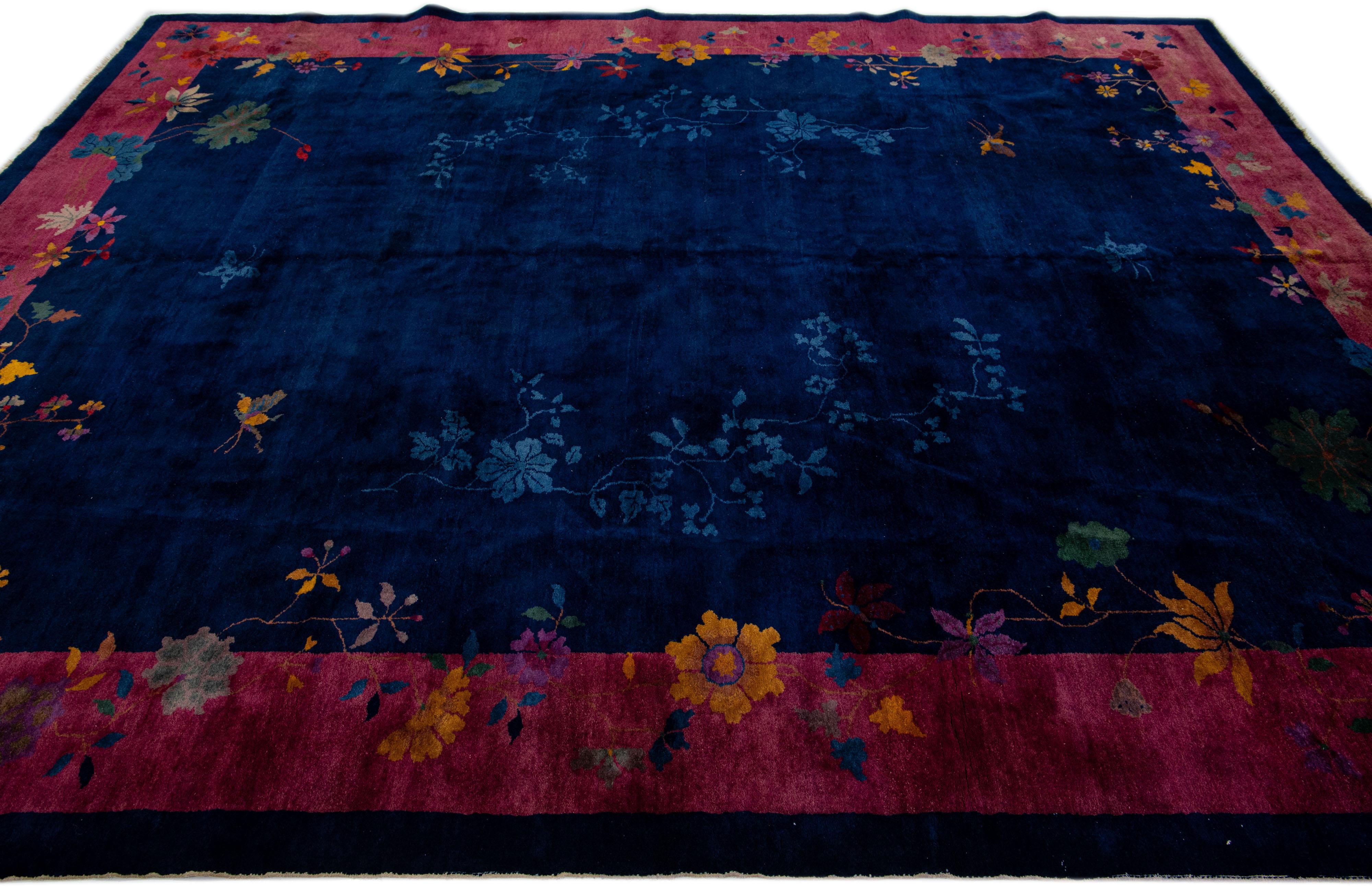 Floral Antique Chinese Art Deco Handmade Wool Rug with Navy Blue Color Field In Good Condition For Sale In Norwalk, CT