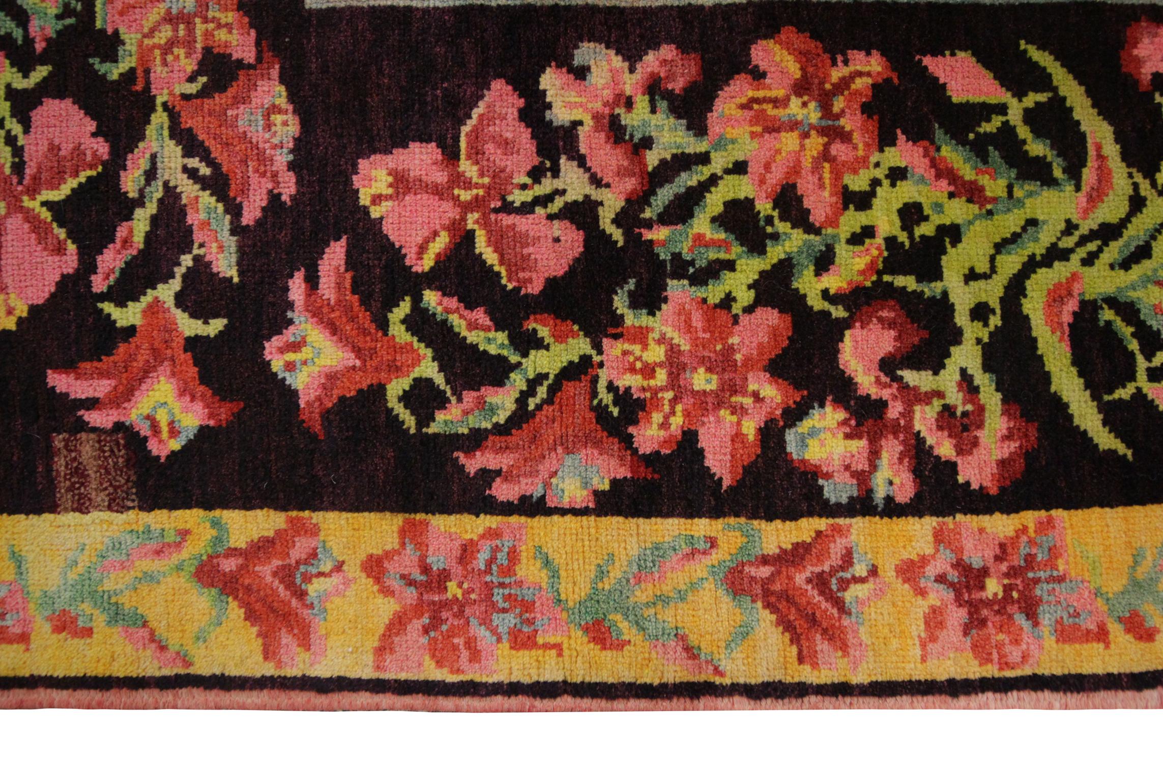 Art Deco Floral Antique Handmade Carpet Caucasian Rug from Karabagh Living Room Rug  For Sale
