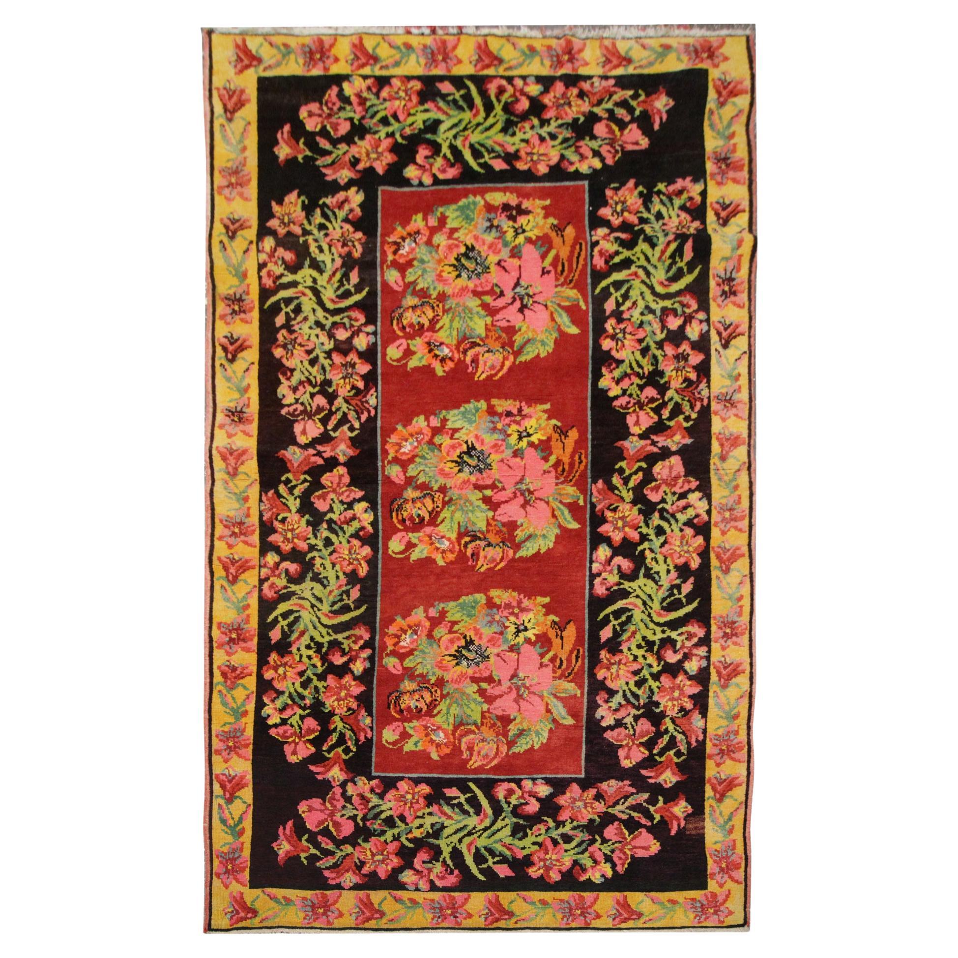Floral Antique Handmade Carpet Caucasian Rug from Karabagh Living Room Rug For Sale