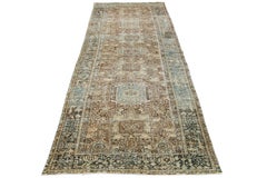 Floral Antique Heriz Handmade Wool Runner with Brown Field