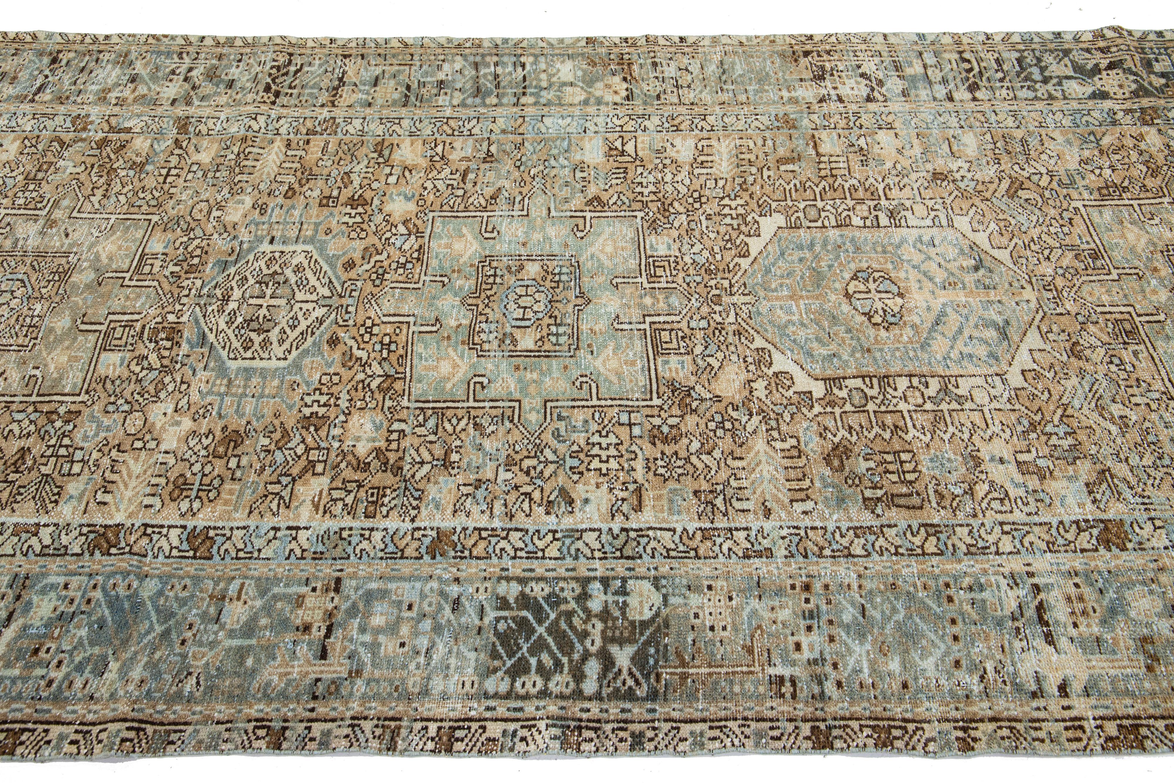 Persian Floral Antique Heriz Handmade Wool Runner with Brown Field For Sale
