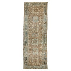 Floral Antique Heriz Handmade Wool Runner with Brown Field