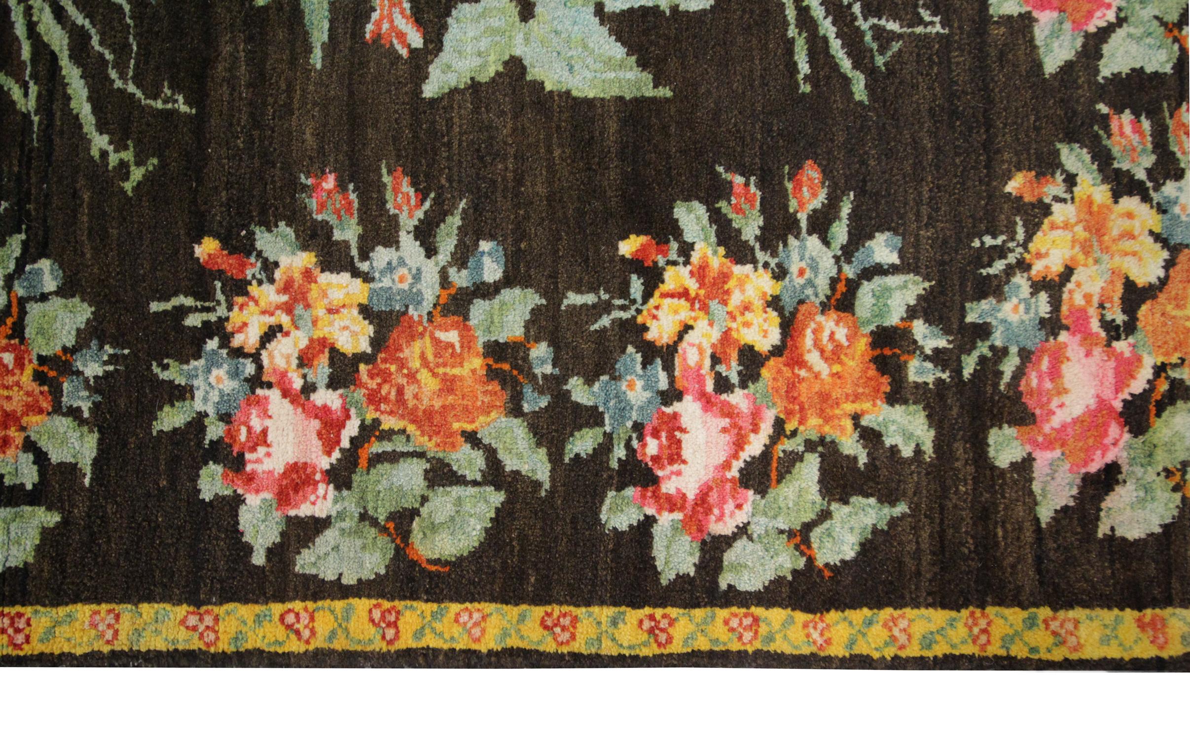 Caucasian Floral Antique Kilim Rug, Handmade Carpet and Handwoven Rug in Karabagh