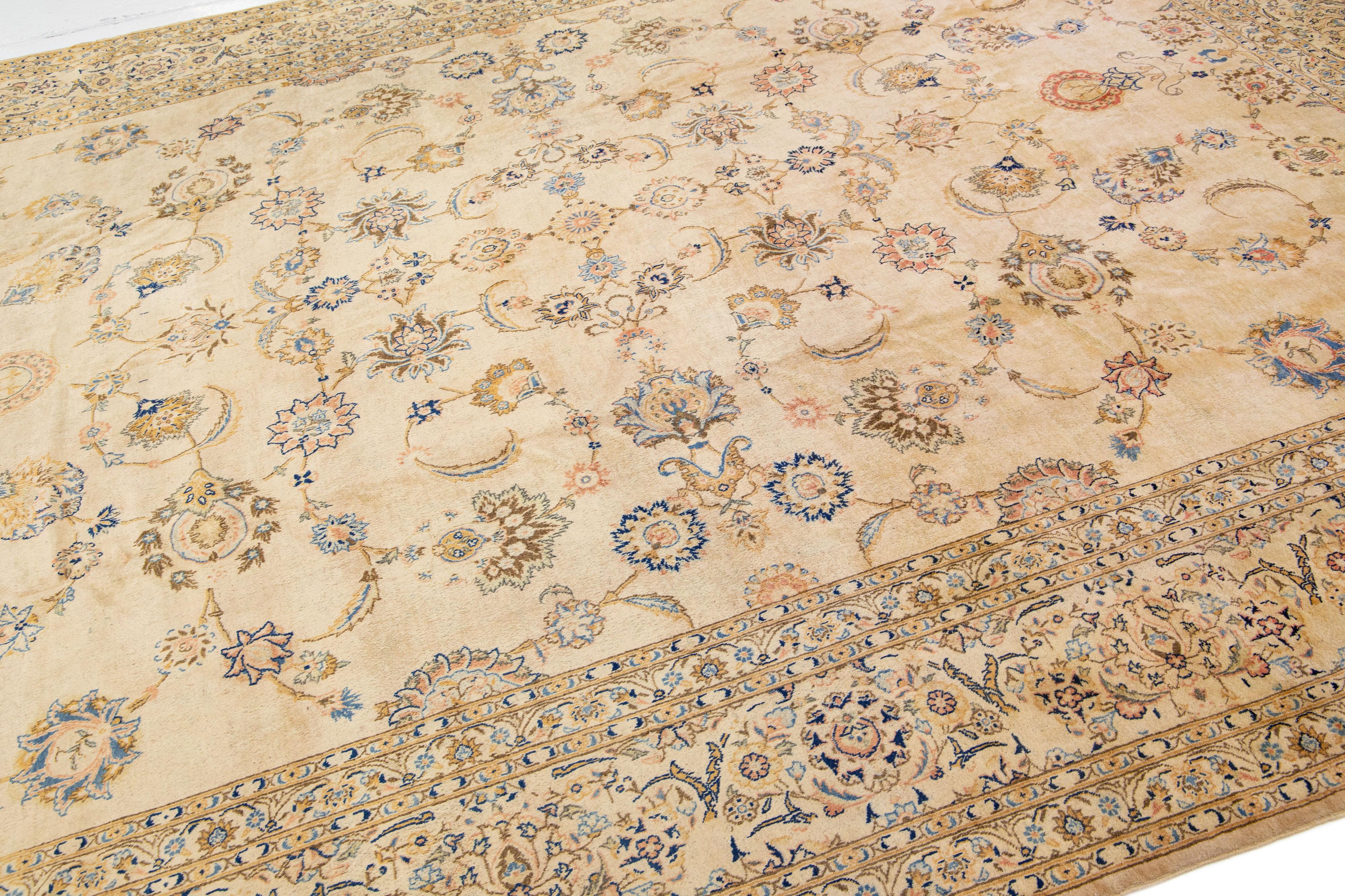 Hand-Knotted Floral Antique Persian Kashan Handmade Wool Rug in Beige For Sale