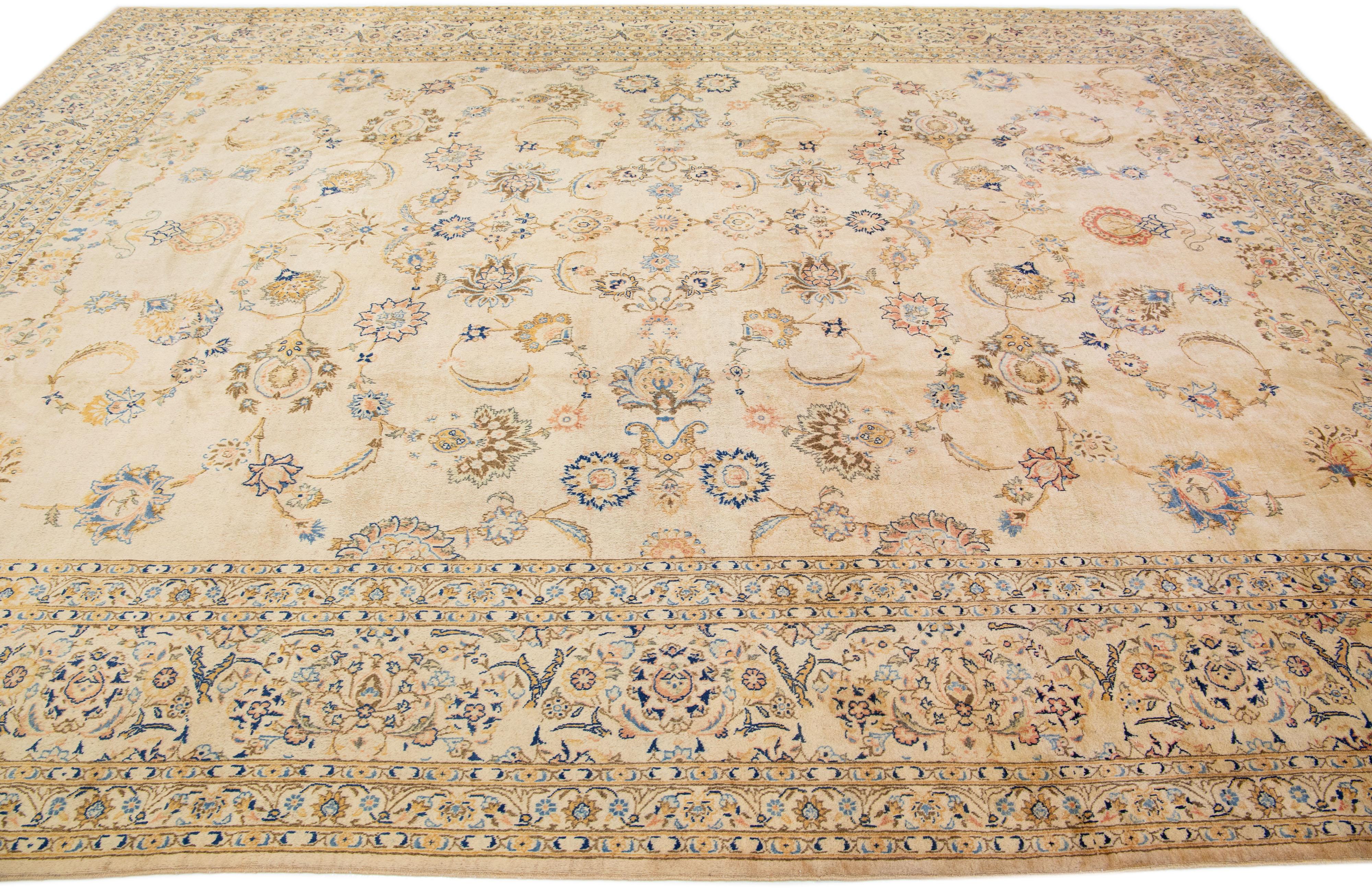 Floral Antique Persian Kashan Handmade Wool Rug in Beige In Excellent Condition For Sale In Norwalk, CT