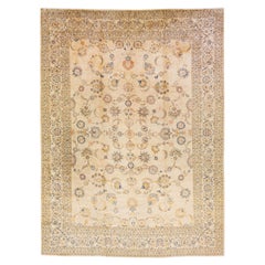 Tappeto floreale antico persiano in lana Kashan fatto a mano in beige