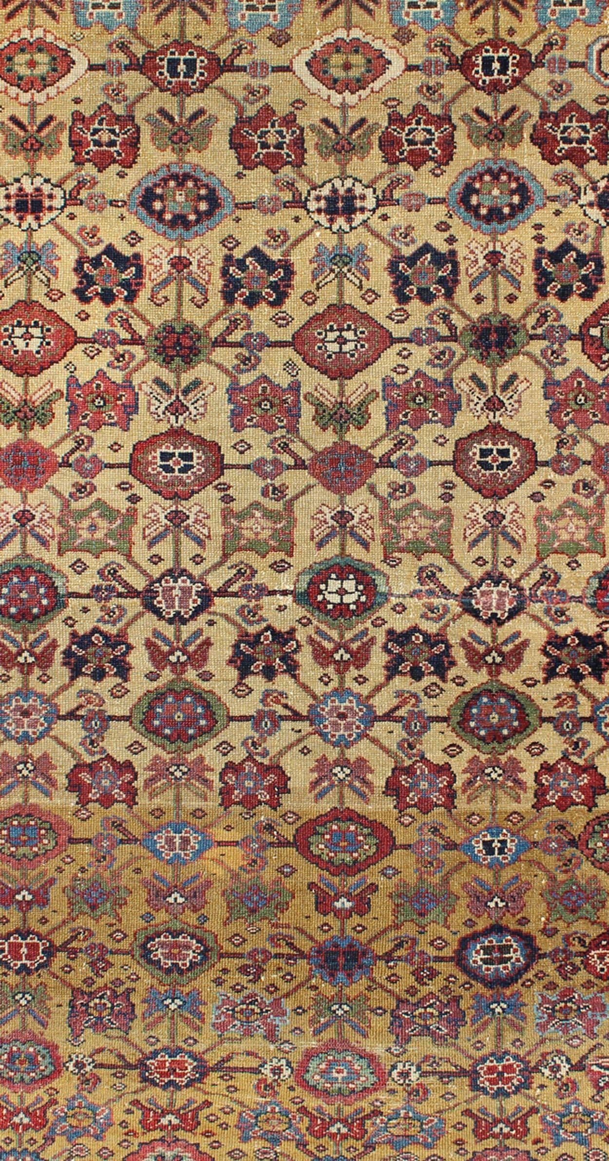 Hand-Knotted All Over Geometric Antique Persian Malayer Rug in Yellow, Red, Blue, Green For Sale