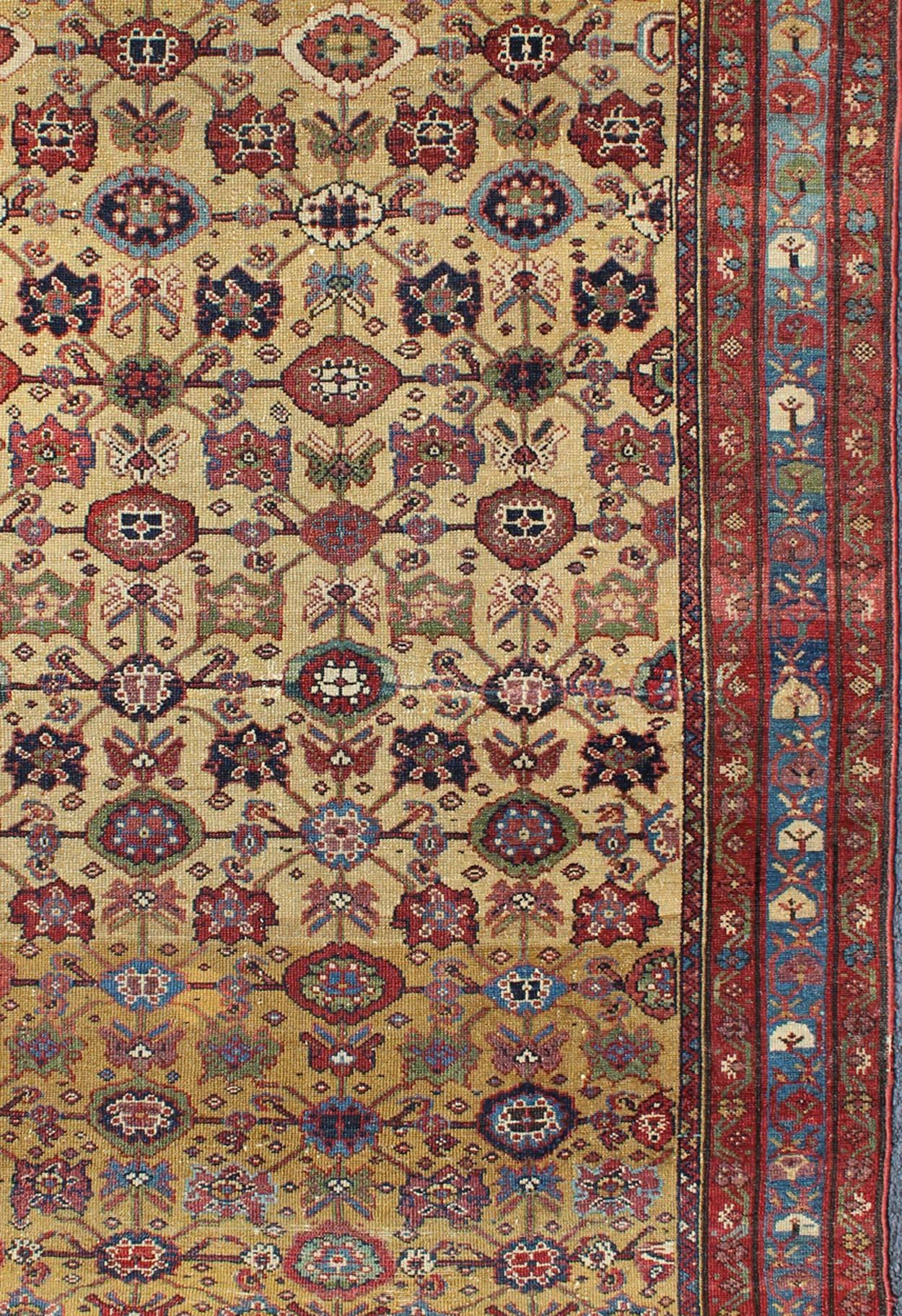 All Over Geometric Antique Persian Malayer Rug in Yellow, Red, Blue, Green In Good Condition For Sale In Atlanta, GA