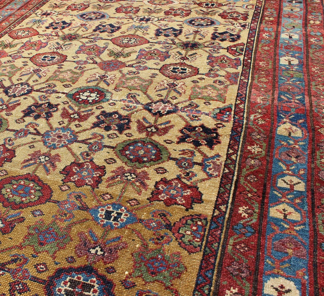 Wool All Over Geometric Antique Persian Malayer Rug in Yellow, Red, Blue, Green For Sale