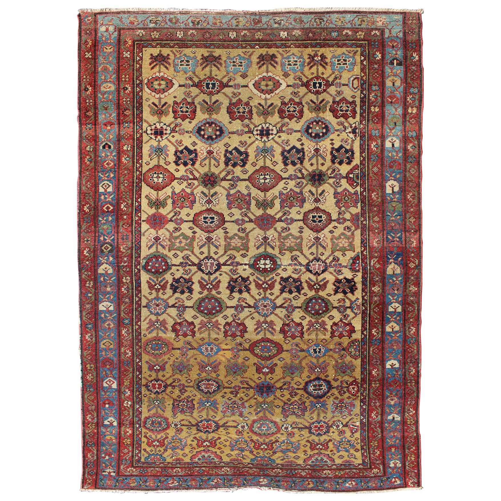 All Over Geometric Antique Persian Malayer Rug in Yellow, Red, Blue, Green
