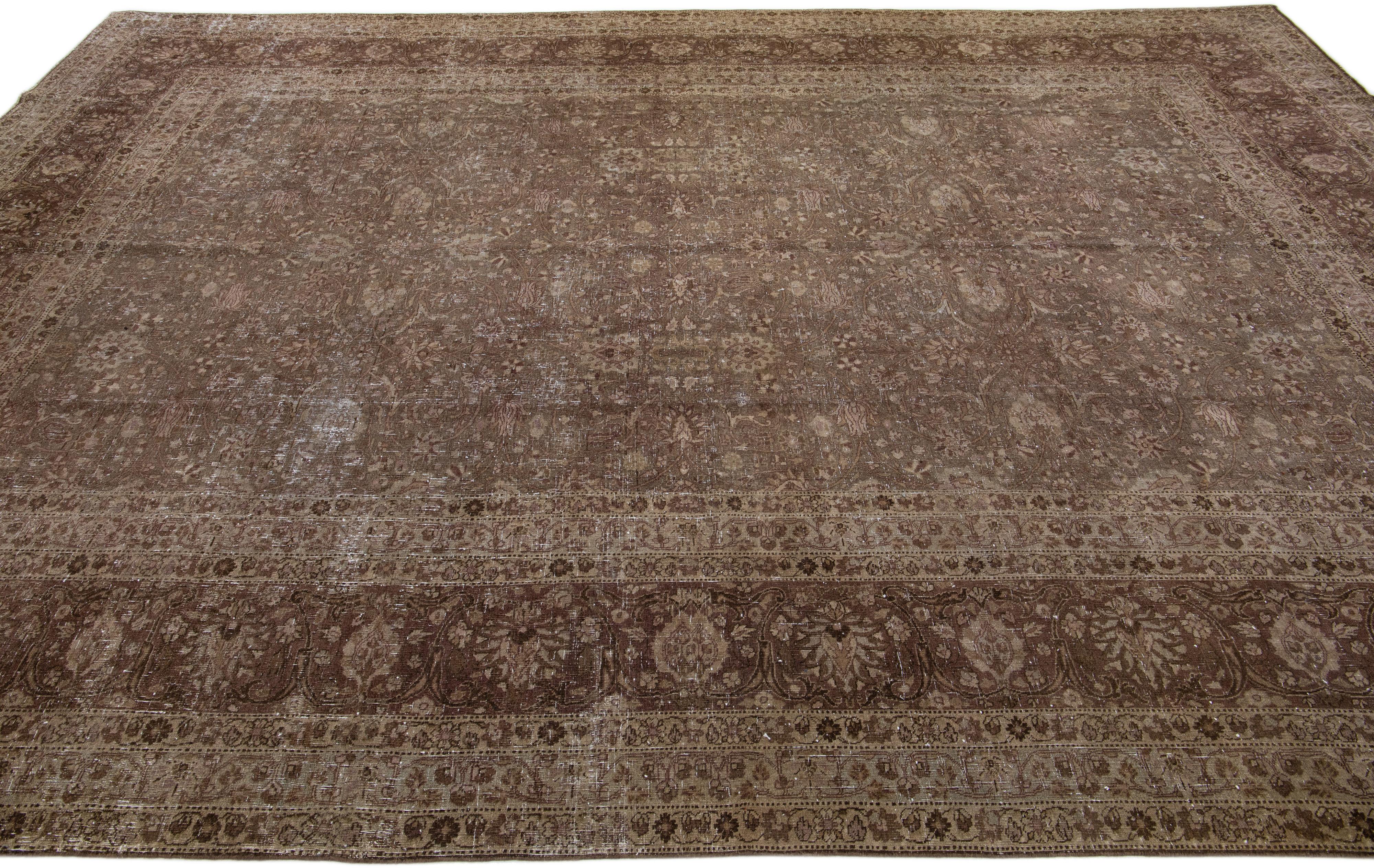 Floral Antique Persian Tabriz Brown Handmade Wool Rug In Good Condition For Sale In Norwalk, CT