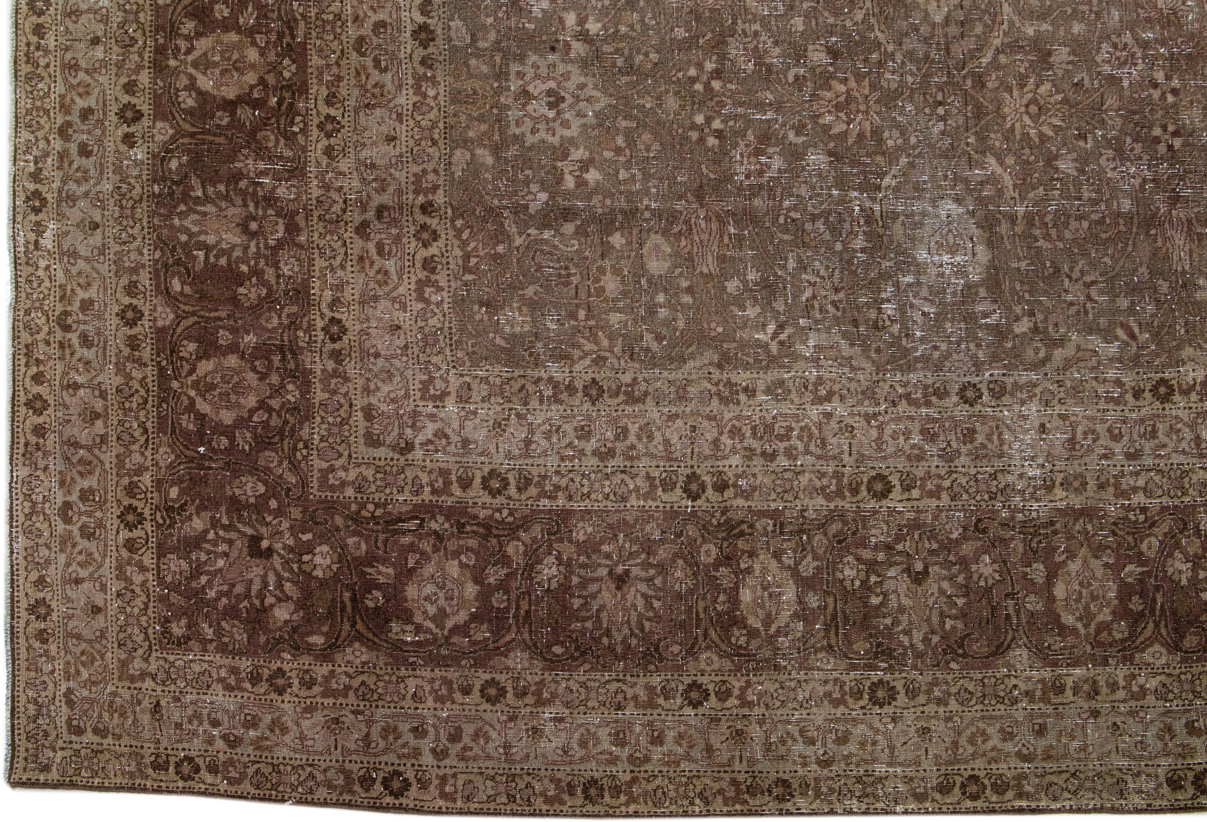 20th Century Floral Antique Persian Tabriz Brown Handmade Wool Rug For Sale