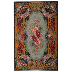 Floral Antique Rug, Handmade Carpet, Oriental Flat-Weave Moldovian Kilim Rug