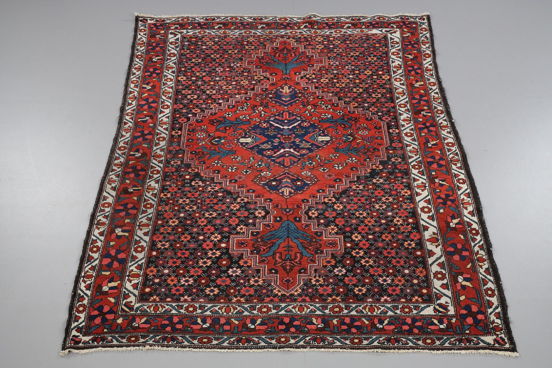 Early 20th Century Floral Antique Rug Wool Traditional Carpet Blue Living Room Rug For Sale