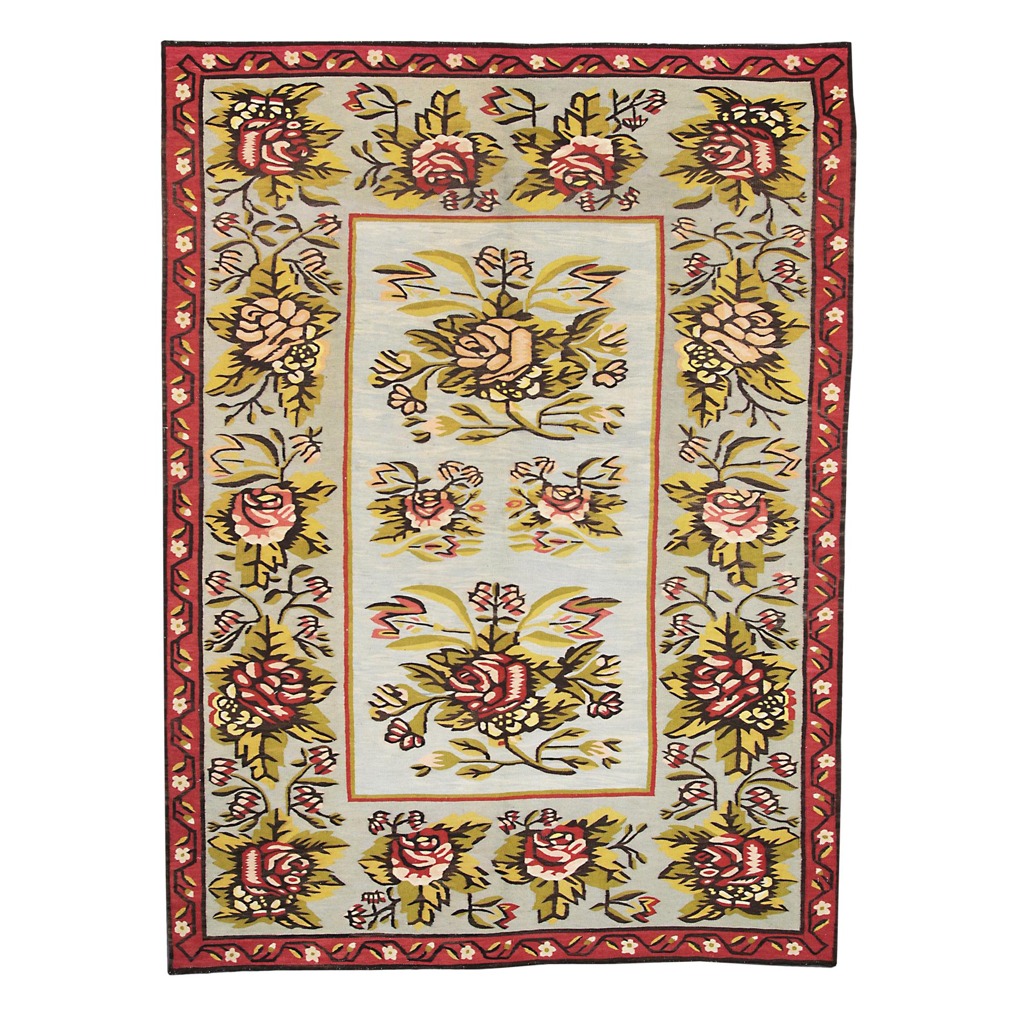 Bessarabian Kilim Soft Color Palette Floral Design, Circa 1900