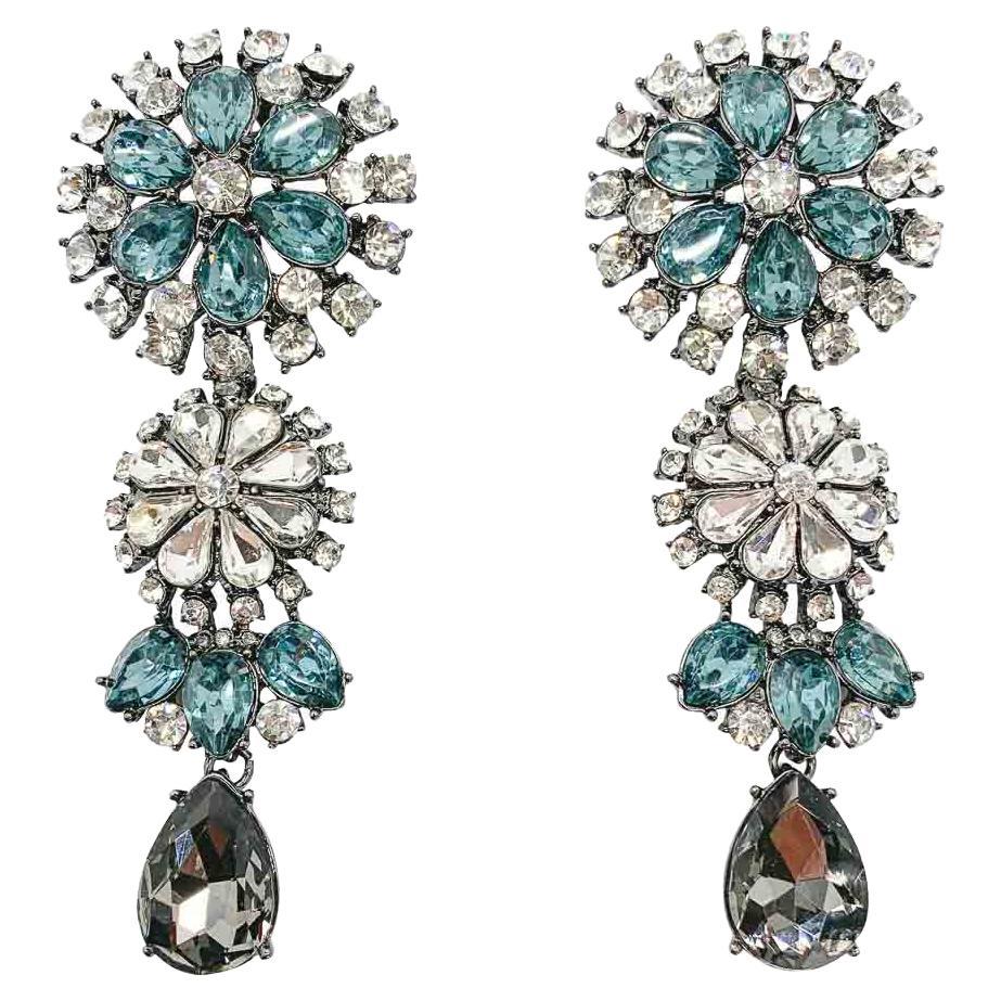 Floral Aqua Crystal Statement Earrings 2000s For Sale