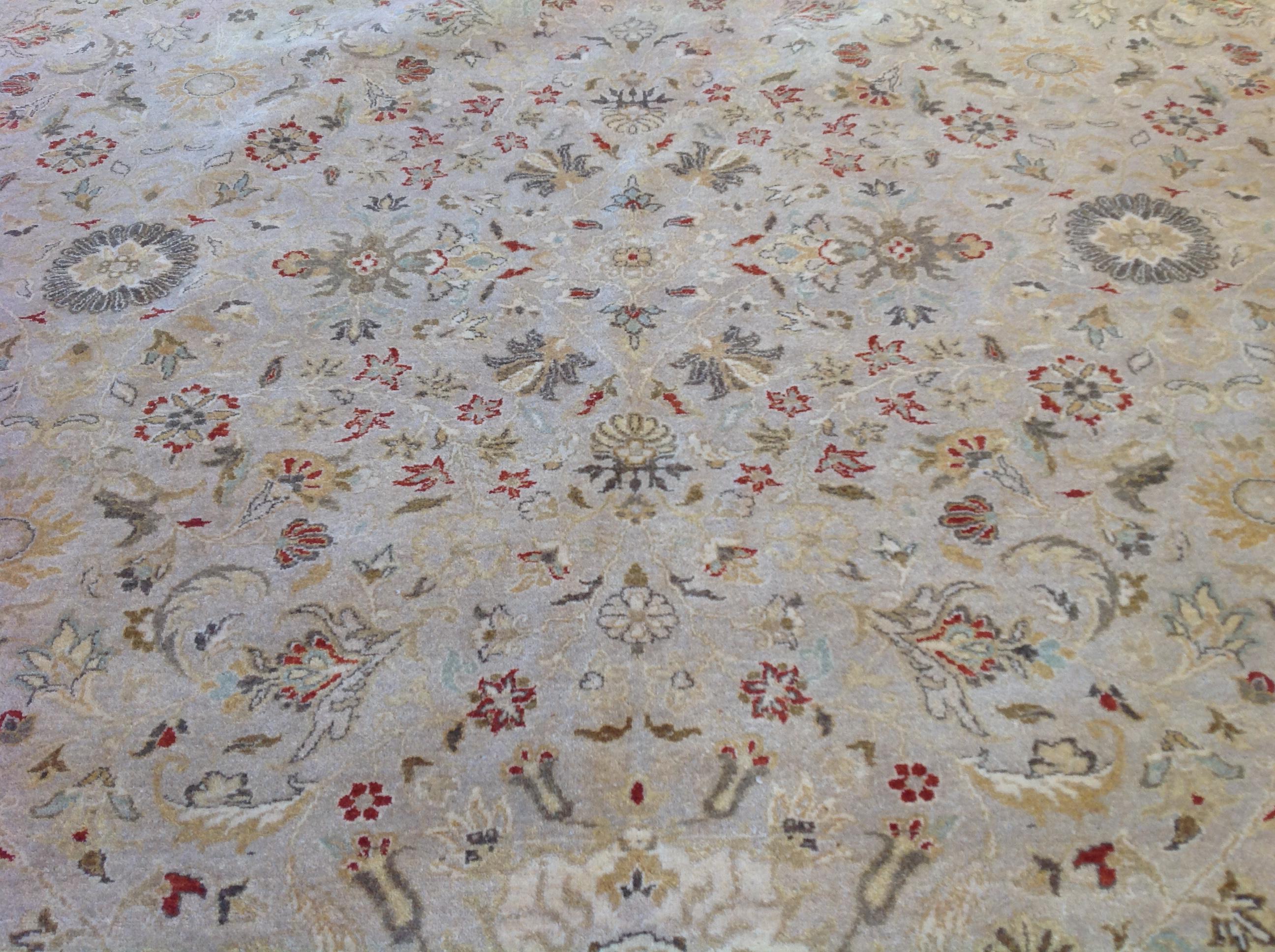 Hand-Knotted Floral Area Rug with Beige, Green and Gold For Sale