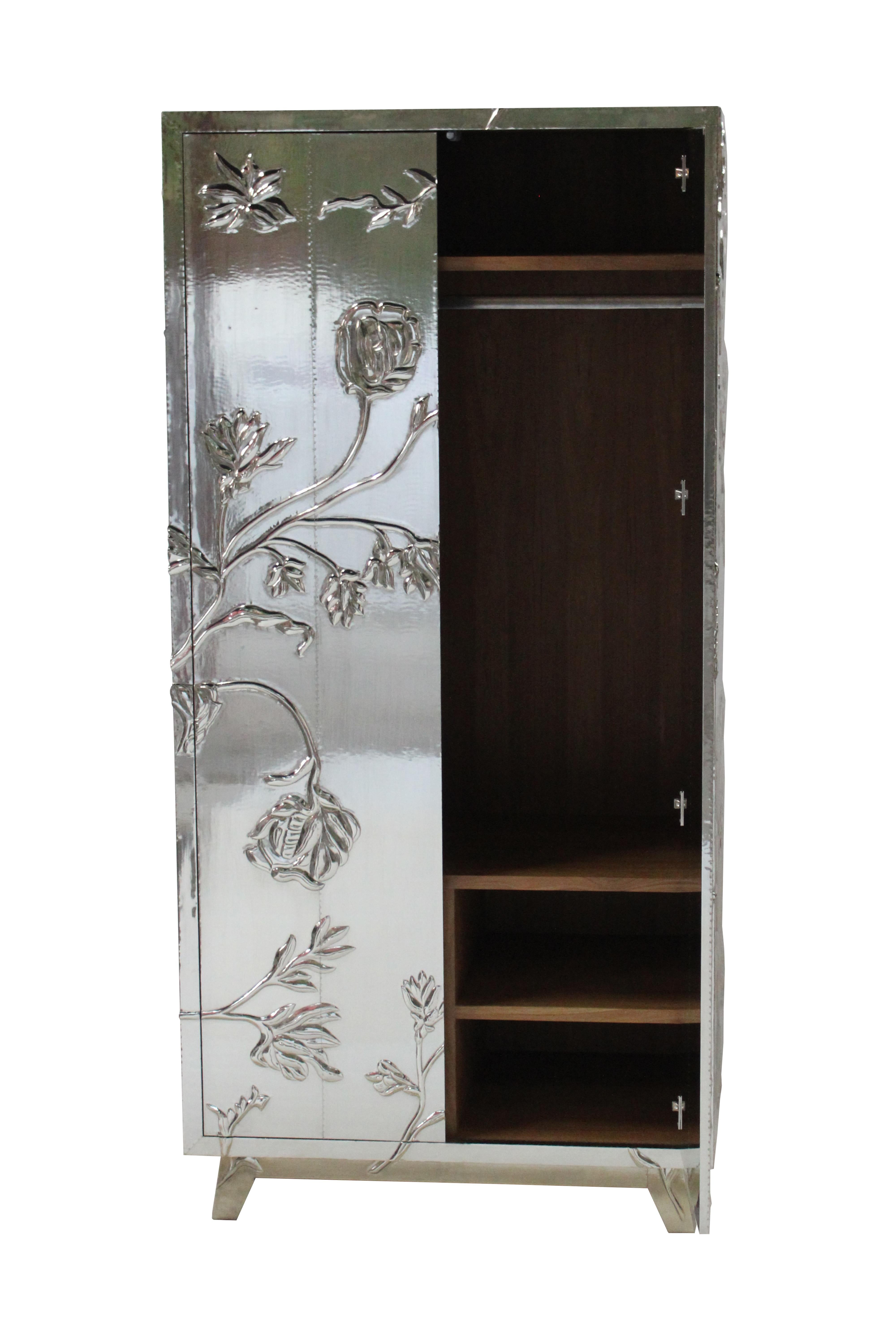 Indian Floral Armoire in White Bronze Metal Clad over MDF Handcrafted in India For Sale