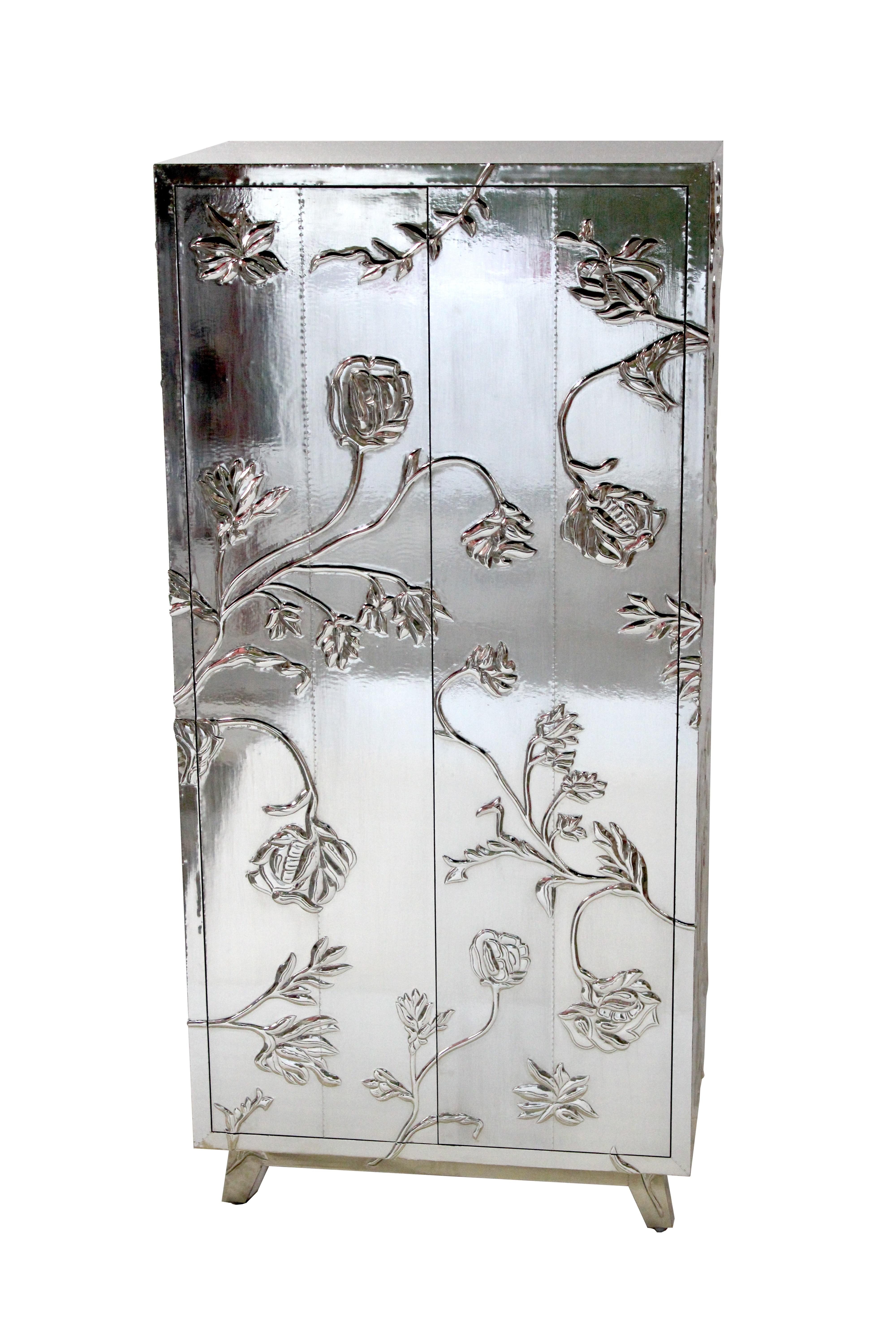 Floral Armoire in White Bronze Metal Clad over MDF Handcrafted in India In New Condition For Sale In New York, NY