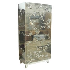 Floral Armoire in White Bronze Metal Clad over MDF Handcrafted in India