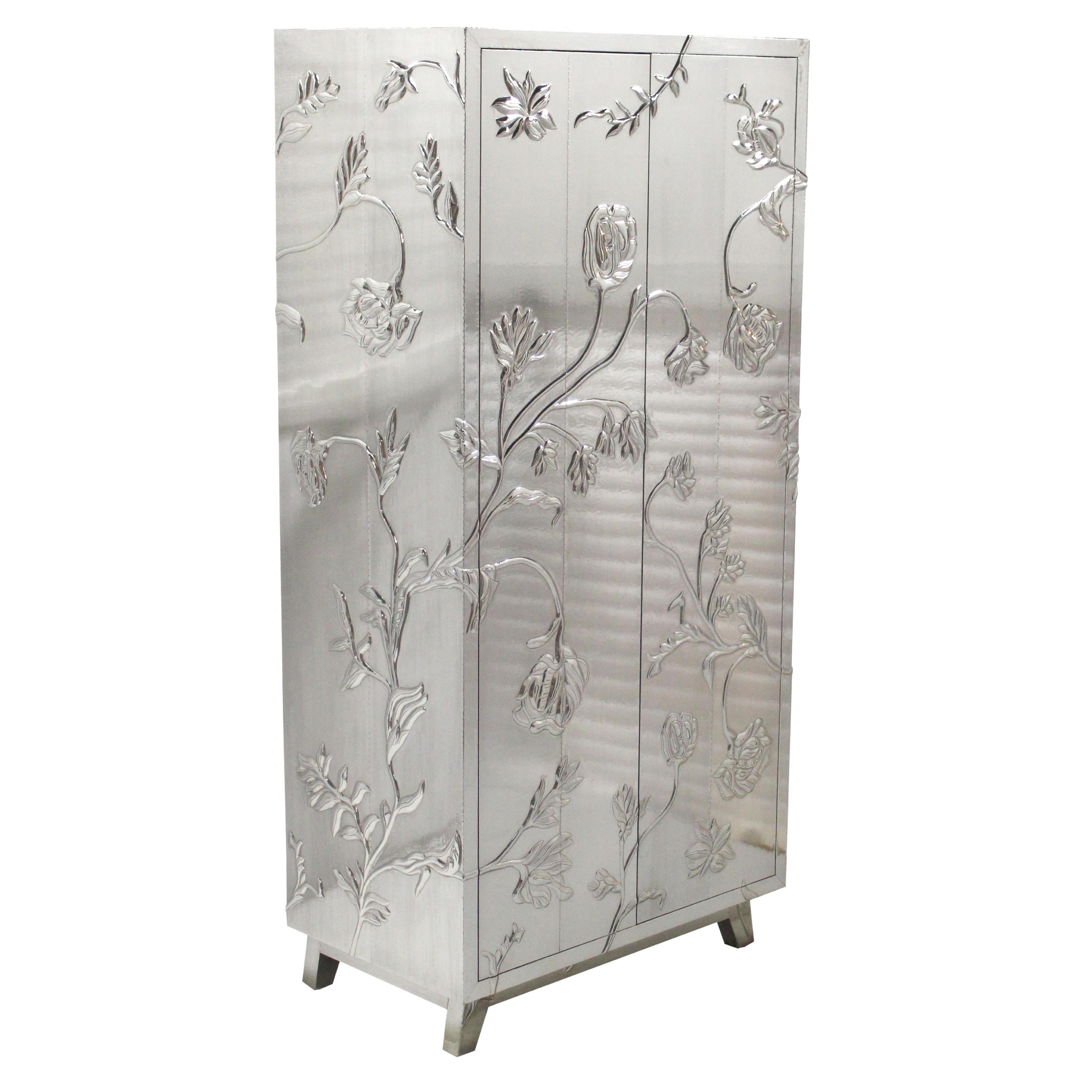 Floral Armoire in White Bronze Metal Clad over MDF Handcrafted in India For Sale