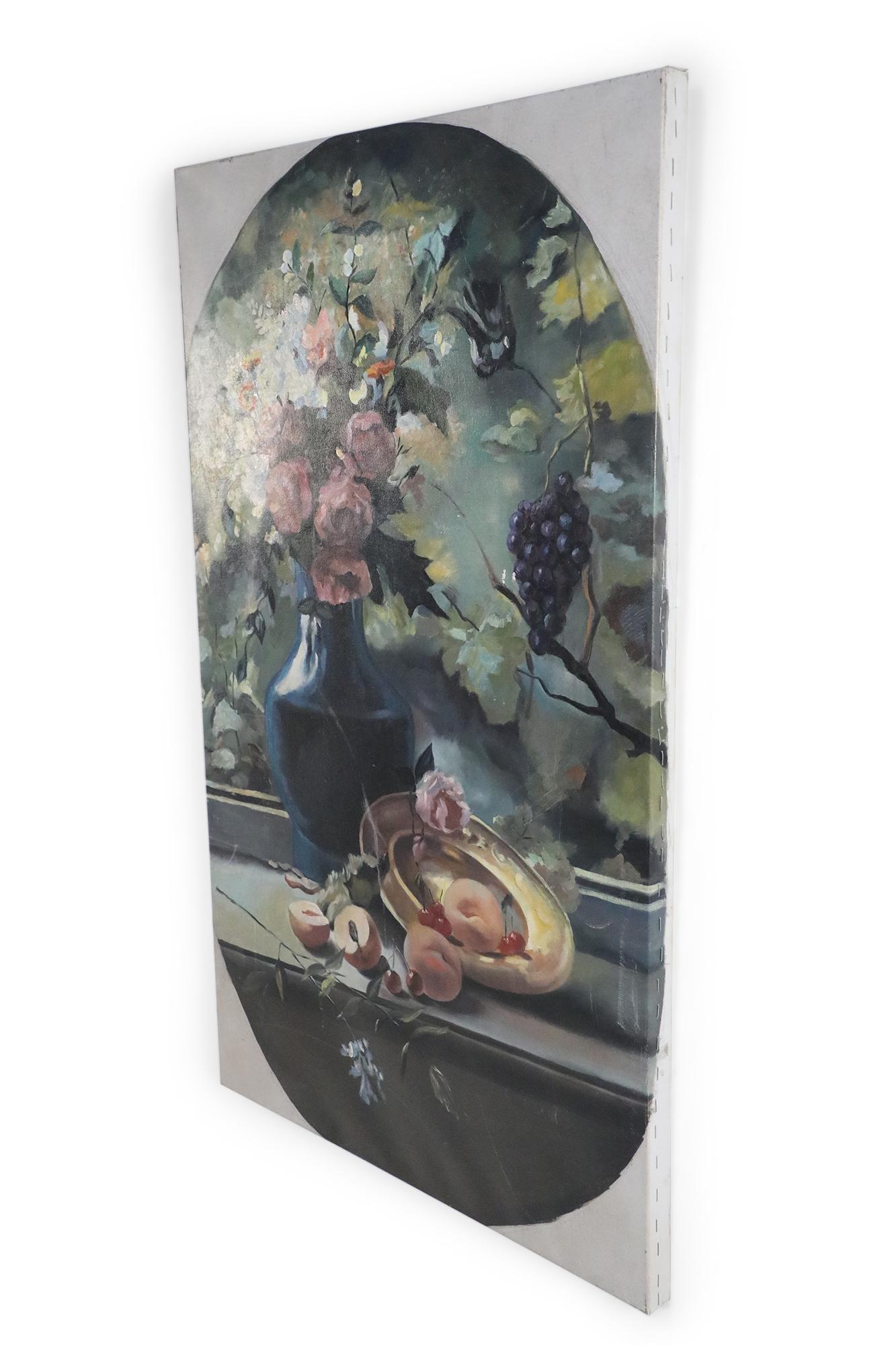Vintage (20th Century) unframed canvas still life oil painting depicting a blue vase filled with blossoming pink, yellow and white florals behind a golden tray, spilling peaches and cherries onto the surface, and a natural setting with grape vines