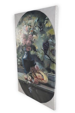 Floral Arrangement and Peaches Still Life Painting on Canvas