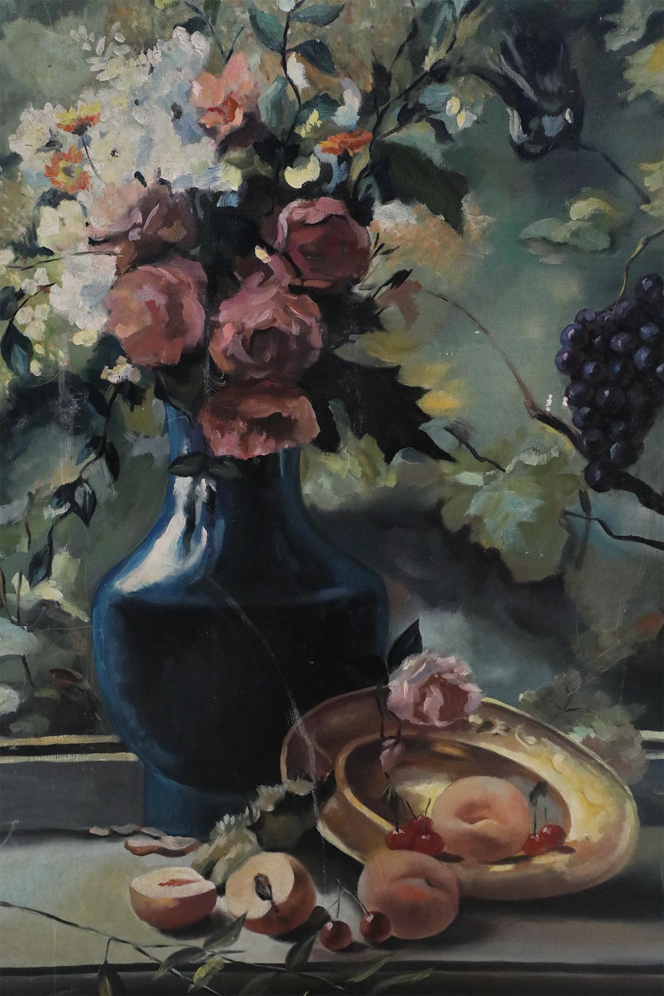 Américain Nature morte - Arrangement floral et pêches - Peinture sur toile en vente